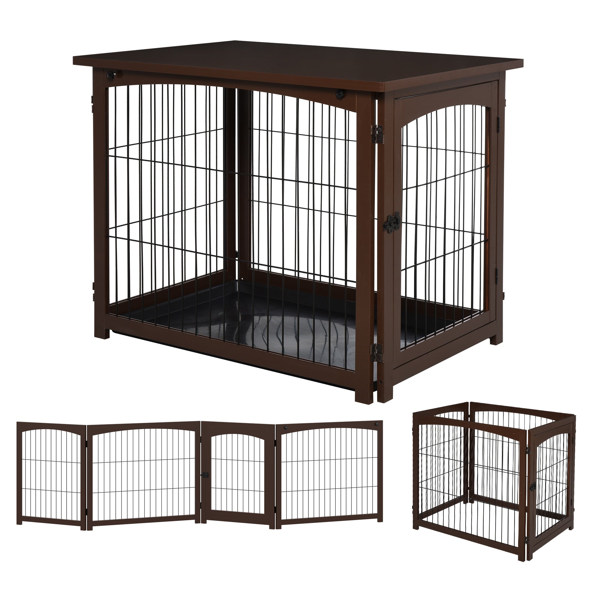 PawHut 4 in 1 Furniture Style Dog Crate End Table, Pet Gate, Dog Fence with Removable Top, Brown