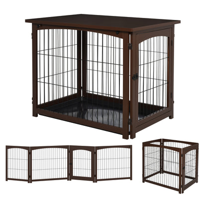 PawHut 4 in 1 Furniture Style Dog Crate End Table, Pet Gate, Dog Fence with Removable Top, Brown