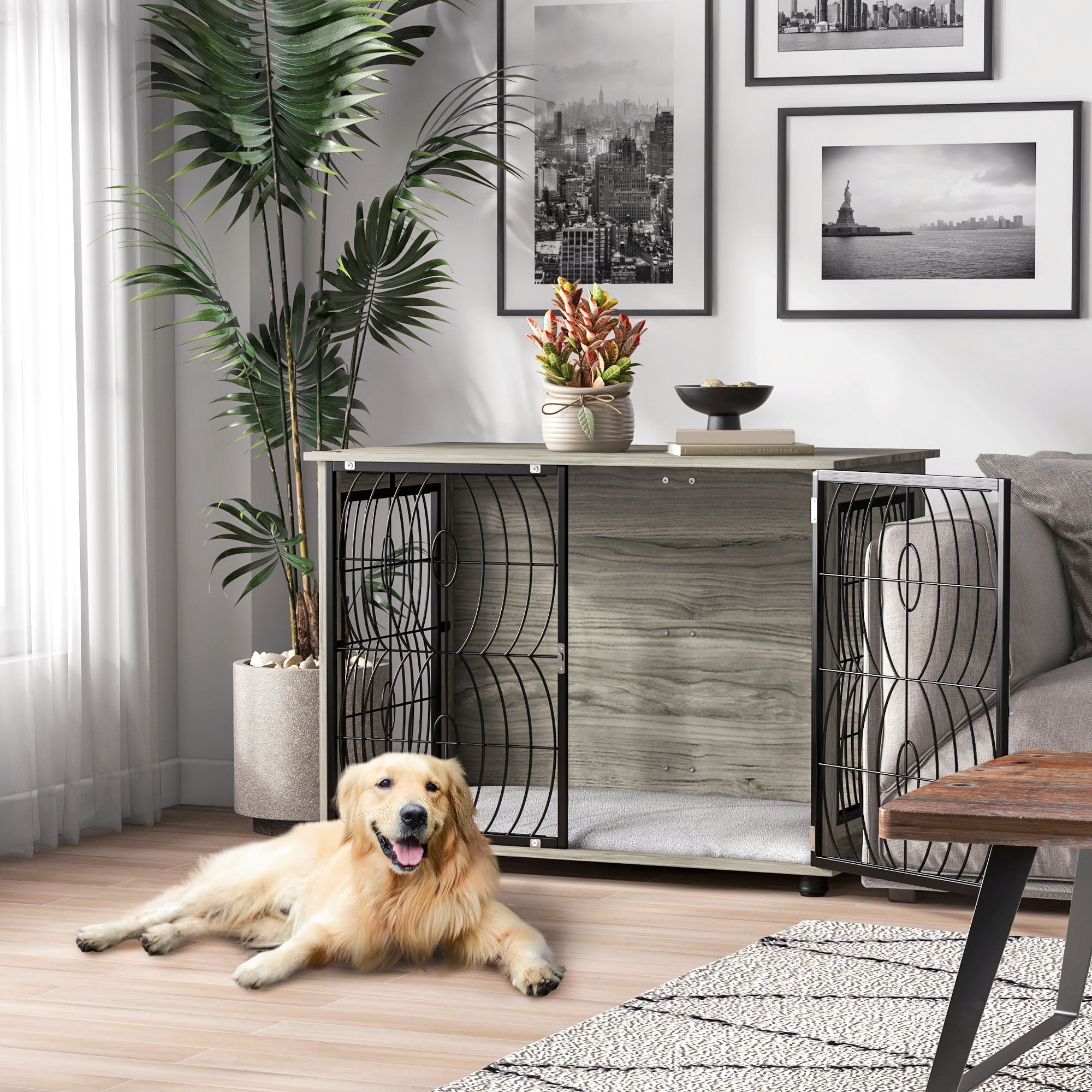 PawHut Dog Crate Furniture, Dog Cage End Table with Large Top, Soft Washable Cushion, Lockable Front Door, Wire Mesh Ventilation, Indoor Pet Crate for Large Sized, 100 x 60 x 74cm - Grey