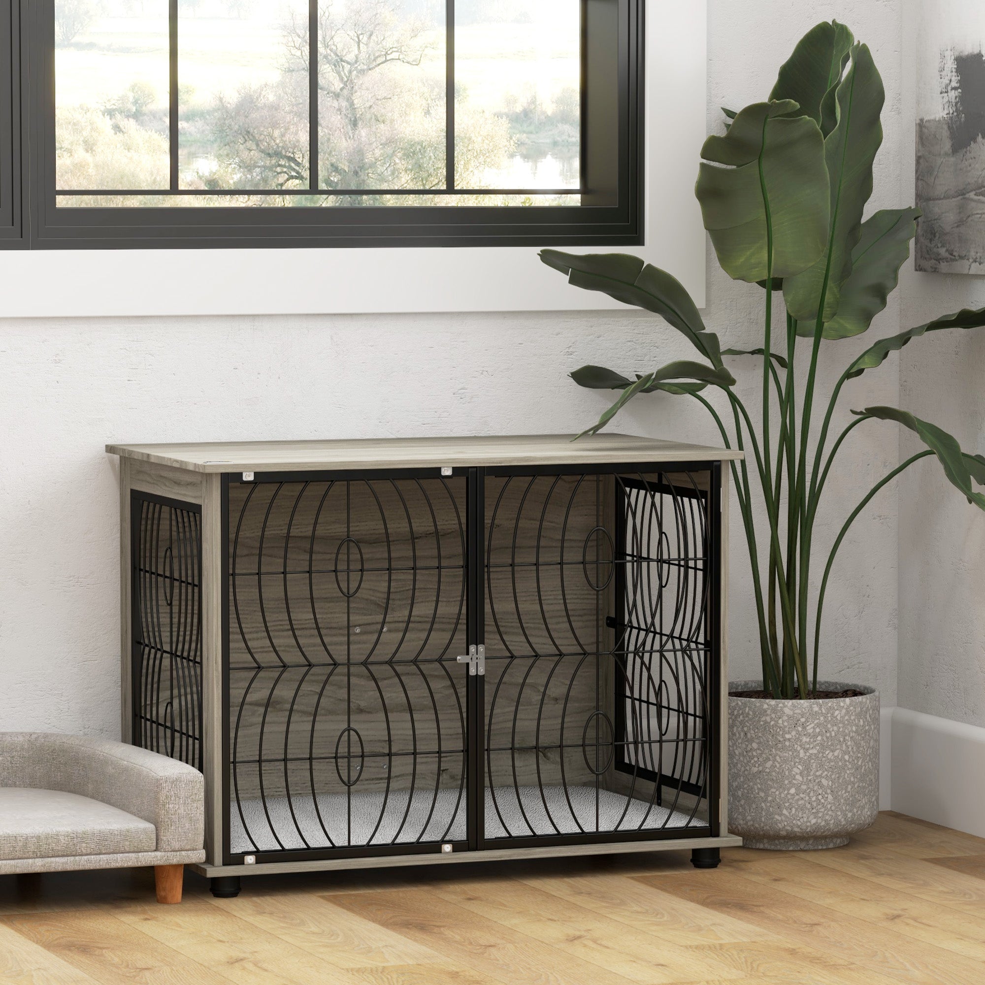 PawHut Dog Crate Furniture, Dog Cage End Table with Large Top, Soft Washable Cushion, Lockable Front Door, Wire Mesh Ventilation, Indoor Pet Crate for Large Sized, 100 x 60 x 74cm - Grey