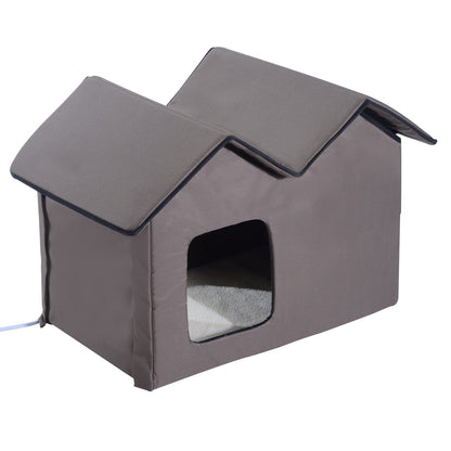 PawHut Double Heated Cat House Portable Indoor/Outdoor Kitty Shelter for Ferral Cat in Winter, Brown