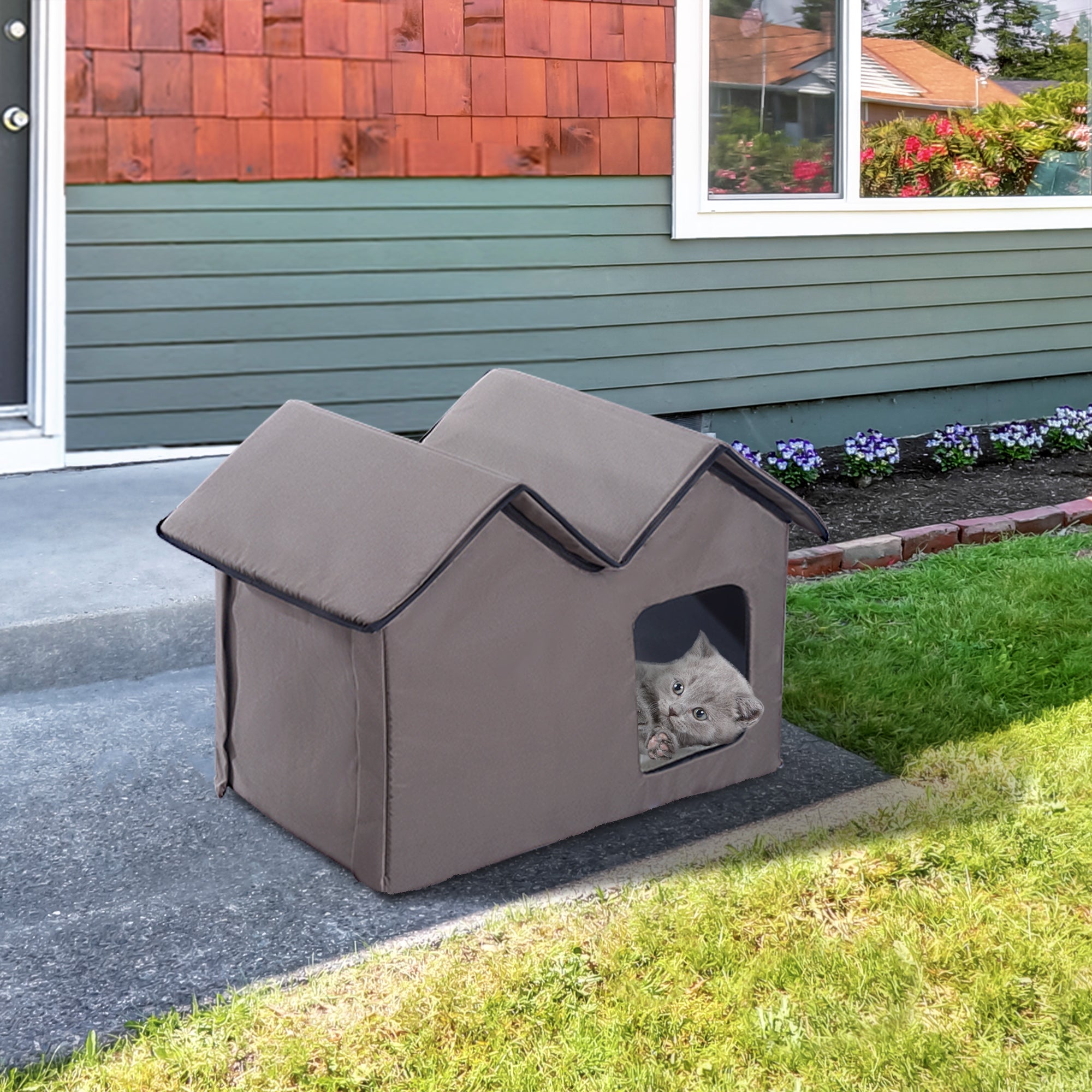 PawHut Double Heated Cat House Portable Indoor/Outdoor Kitty Shelter for Ferral Cat in Winter, Brown