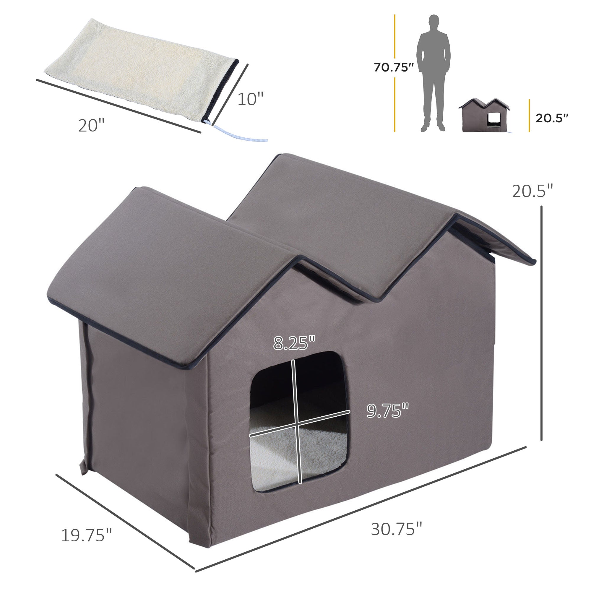 PawHut Double Heated Cat House Portable Indoor/Outdoor Kitty Shelter for Ferral Cat in Winter, Brown