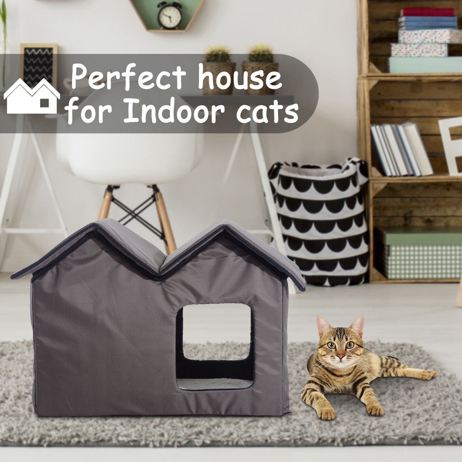 PawHut Double Heated Cat House Portable Indoor/Outdoor Kitty Shelter for Ferral Cat in Winter, Brown
