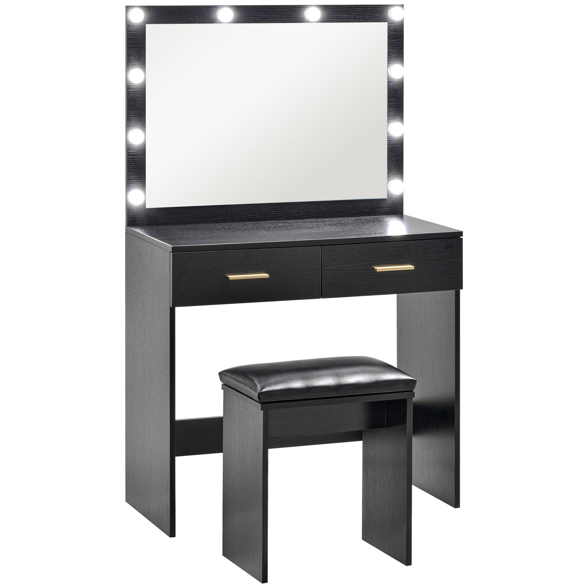 HOMCOM Vanity Set with Lighted Mirror and Stool, Makeup Vanity Desk with Drawers, 2 Lighting Modes, 10 Bulbs, Modern Dressing Table for Bedroom, Black
