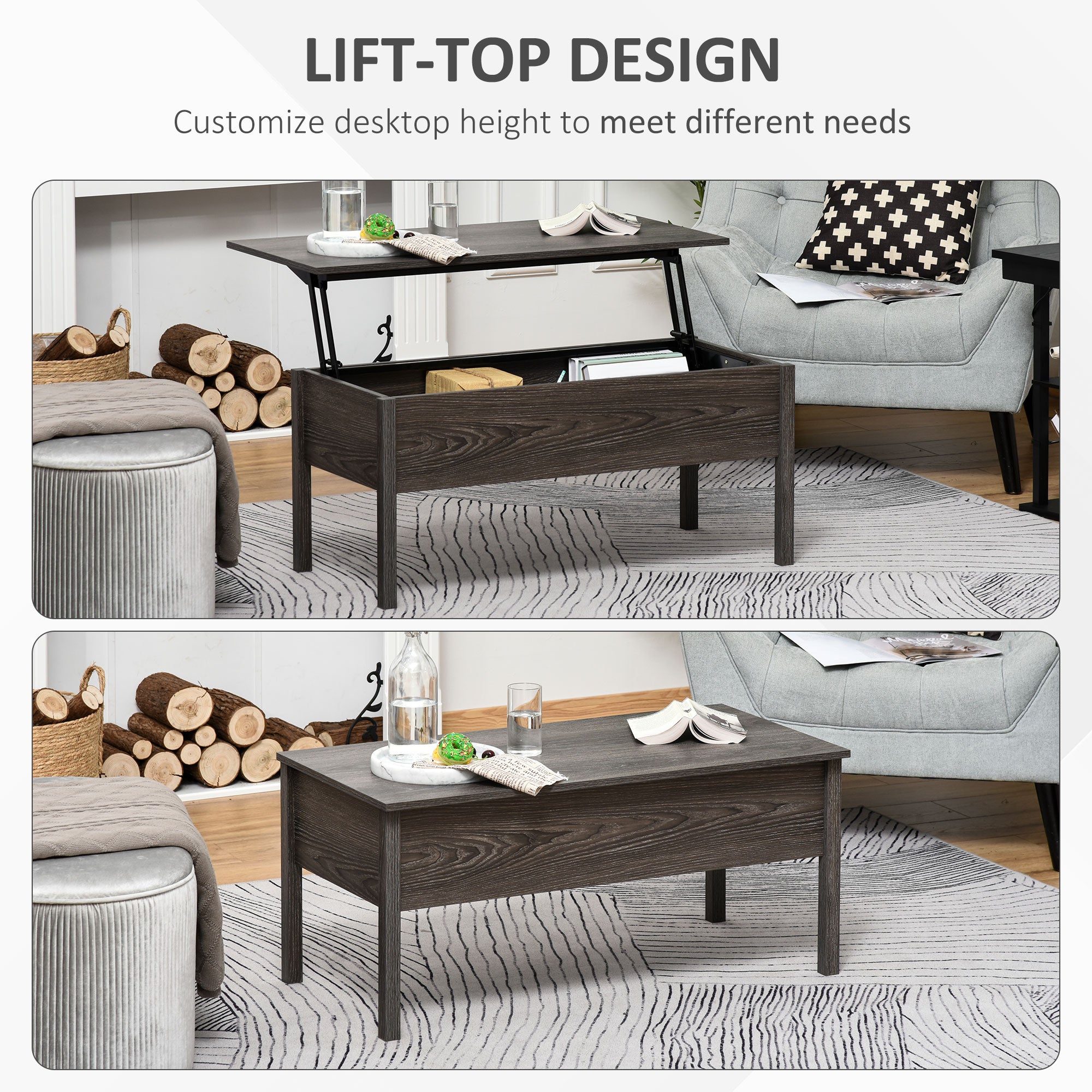 HOMCOM 39" Modern Lift Top Coffee Table with Hidden Storage Compartment, Center Table for Living Room, Grey