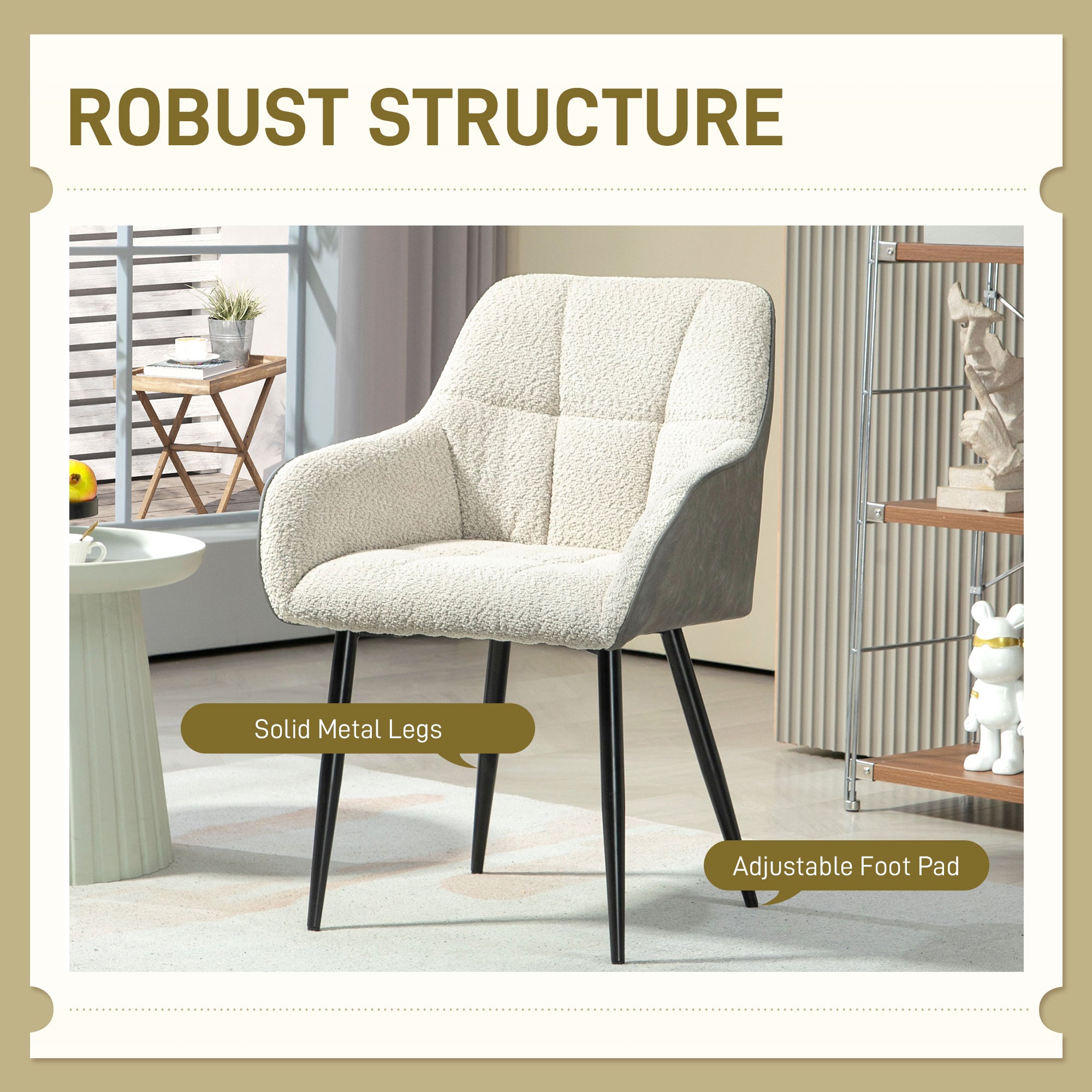 HOMCOM Accent Chair with Foot Pads, Upholstered Armchair with Chenille Fabric Front and PU Back, Occasional Chair for Living Room Bedroom, Cream White