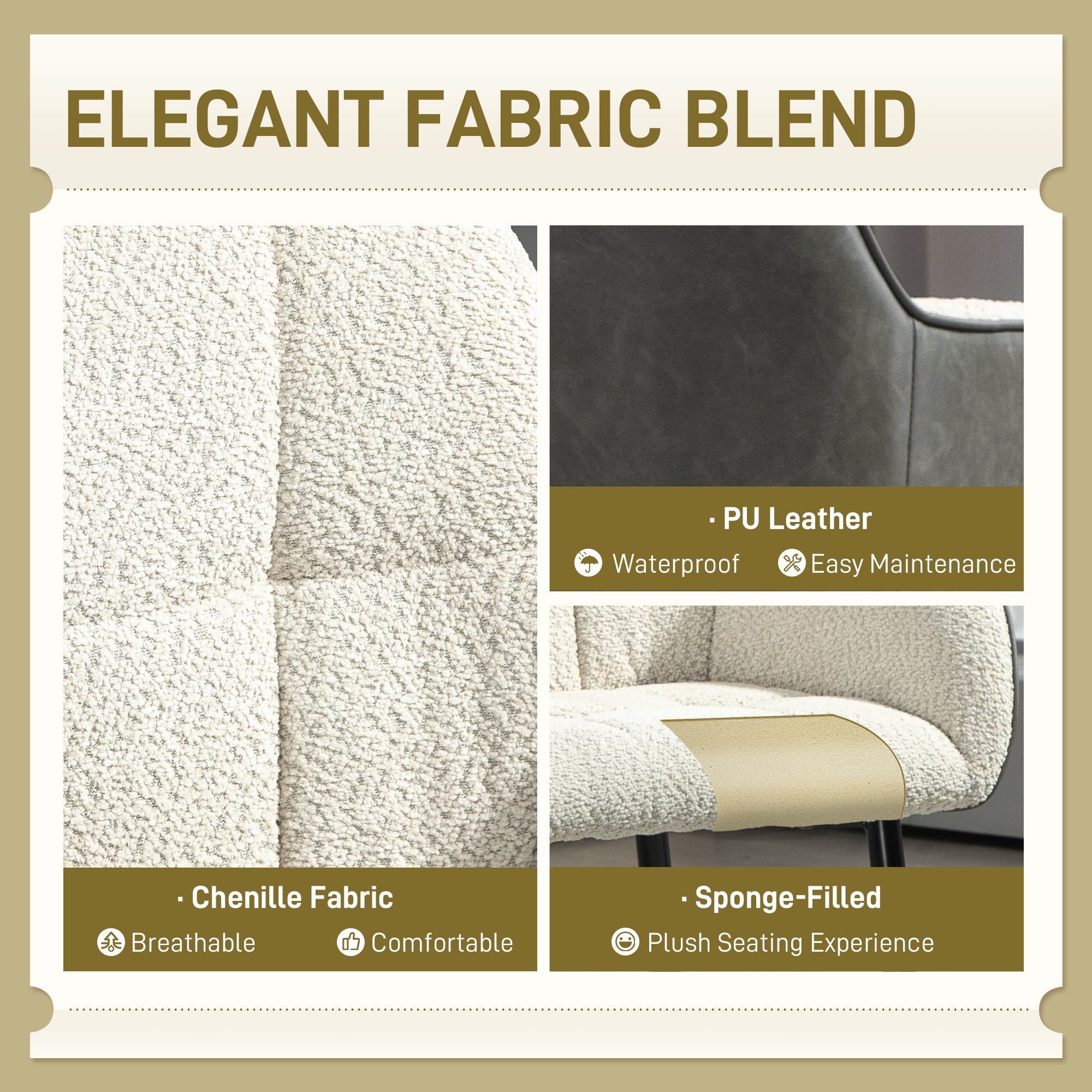 HOMCOM Accent Chair with Foot Pads, Upholstered Armchair with Chenille Fabric Front and PU Back, Occasional Chair for Living Room Bedroom, Cream White