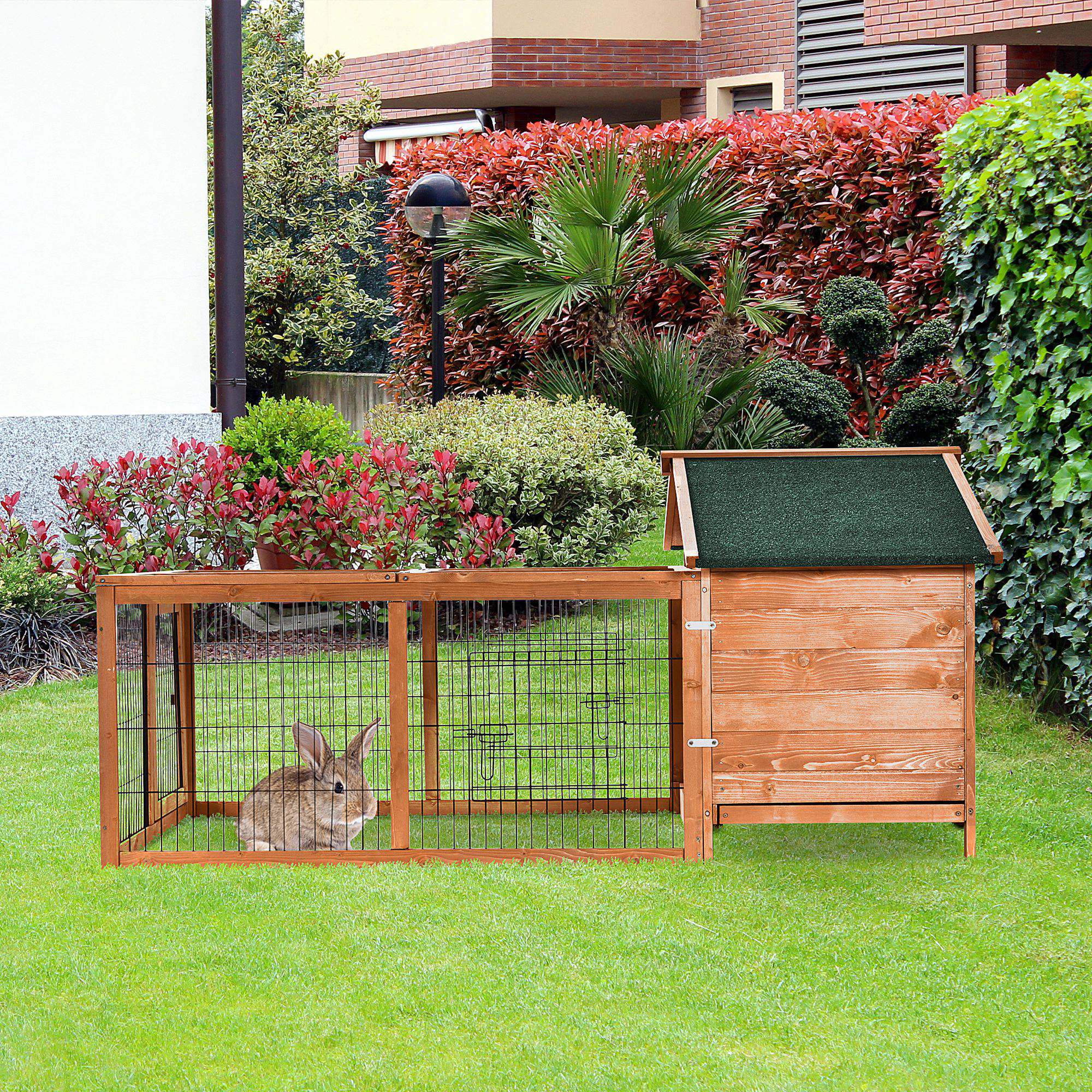 PawHut Wooden Rabbit Hutch Outdoor, Guinea Pig Hutch, Detachable Pet House Animal Cage with Openable Run & Roof Lockable Door Slide-out Tray 146 x 95 x 69cm
