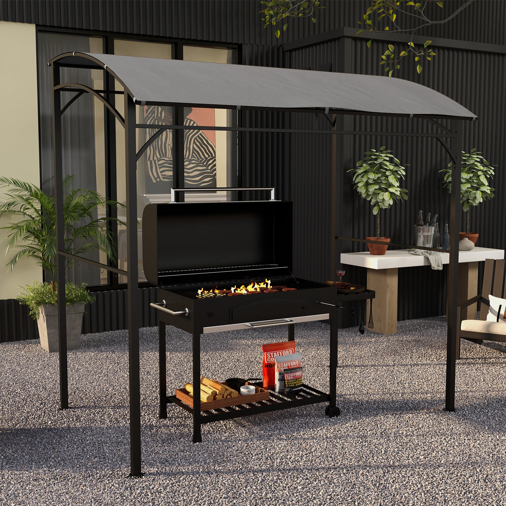Outsunny 7' x 5' BBQ Grill Gazebo Tent, Garden Grill Canopy with Steel Frame and Hooks, Outdoor Sun Shade, Grey