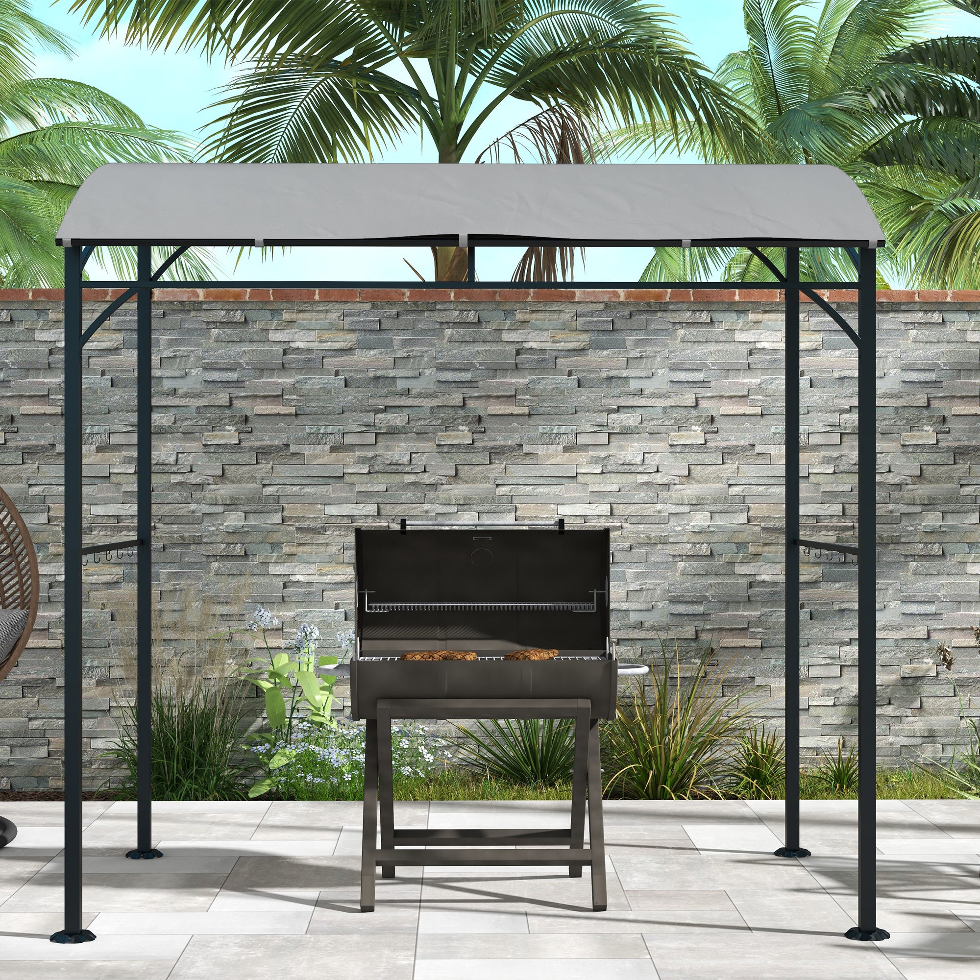 Outsunny 7' x 5' BBQ Grill Gazebo Tent, Garden Grill Canopy with Steel Frame and Hooks, Outdoor Sun Shade, Grey