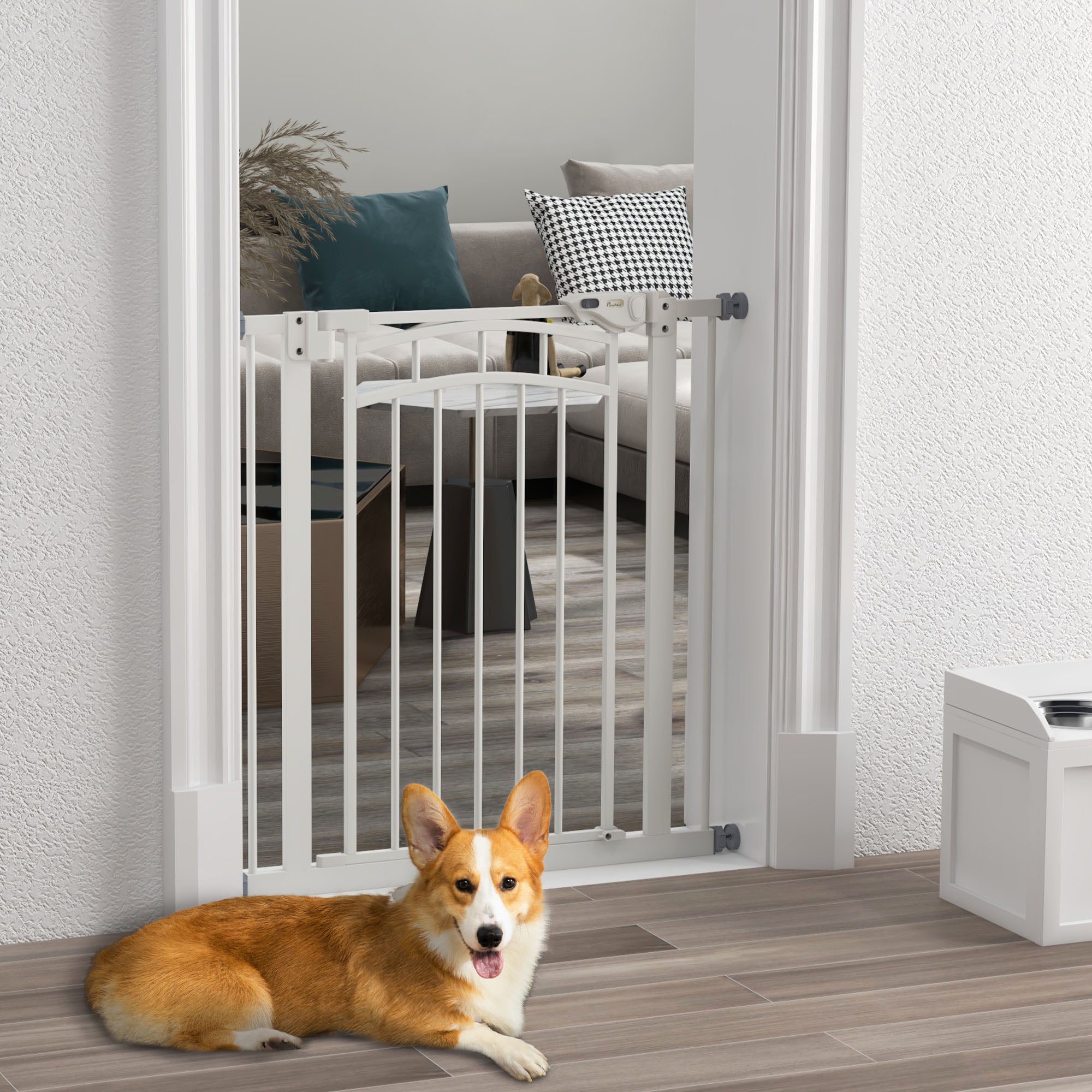 PawHut Dog Stair Gate, Pressure Fit Safety Gate with Automatic Closing System, Pet Barrier with Double Locking, for Stairs, Doors and Hallways, for Width 74-80cm - White