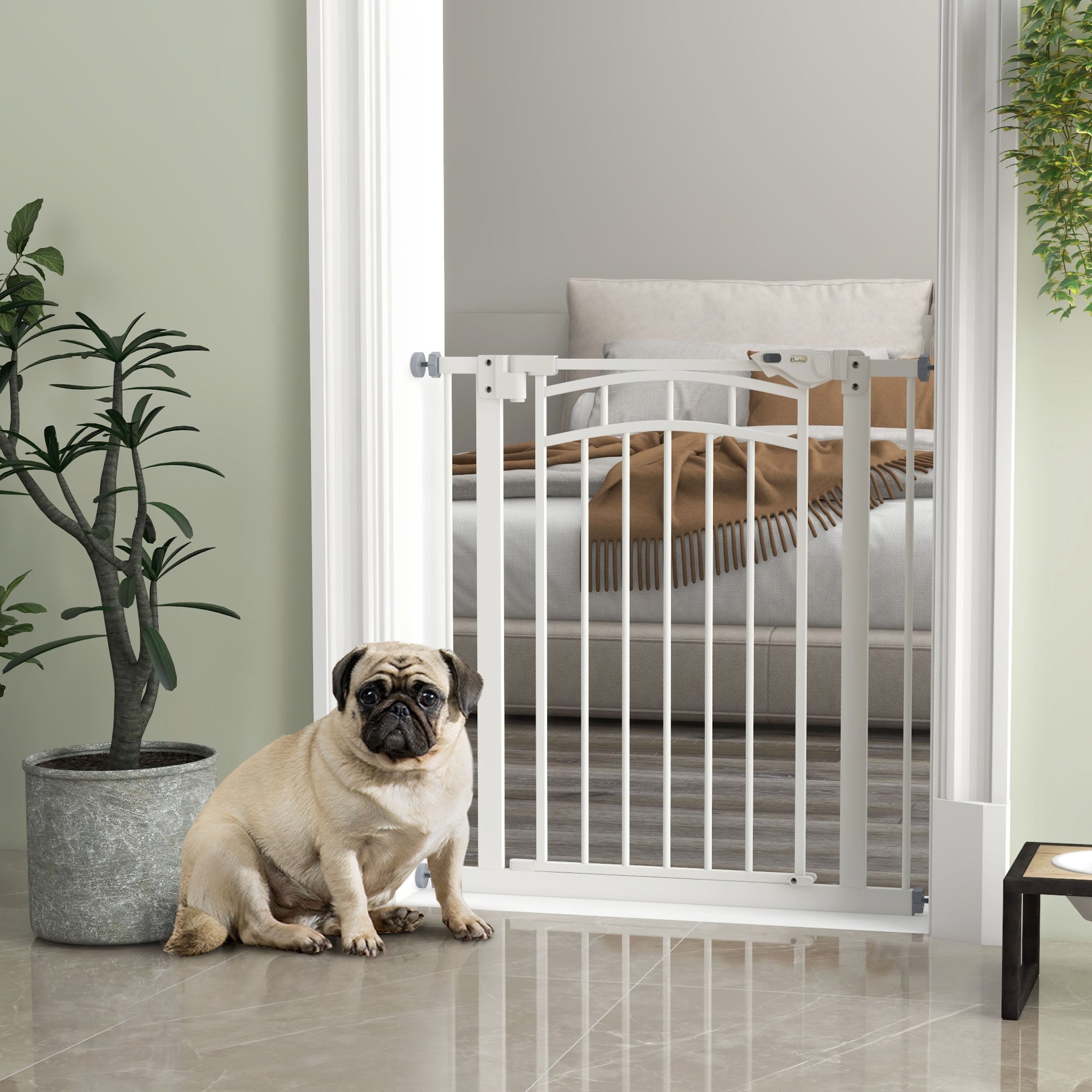 PawHut Dog Stair Gate, Pressure Fit Safety Gate with Automatic Closing System, Pet Barrier with Double Locking, for Stairs, Doors and Hallways, for Width 74-80cm - White