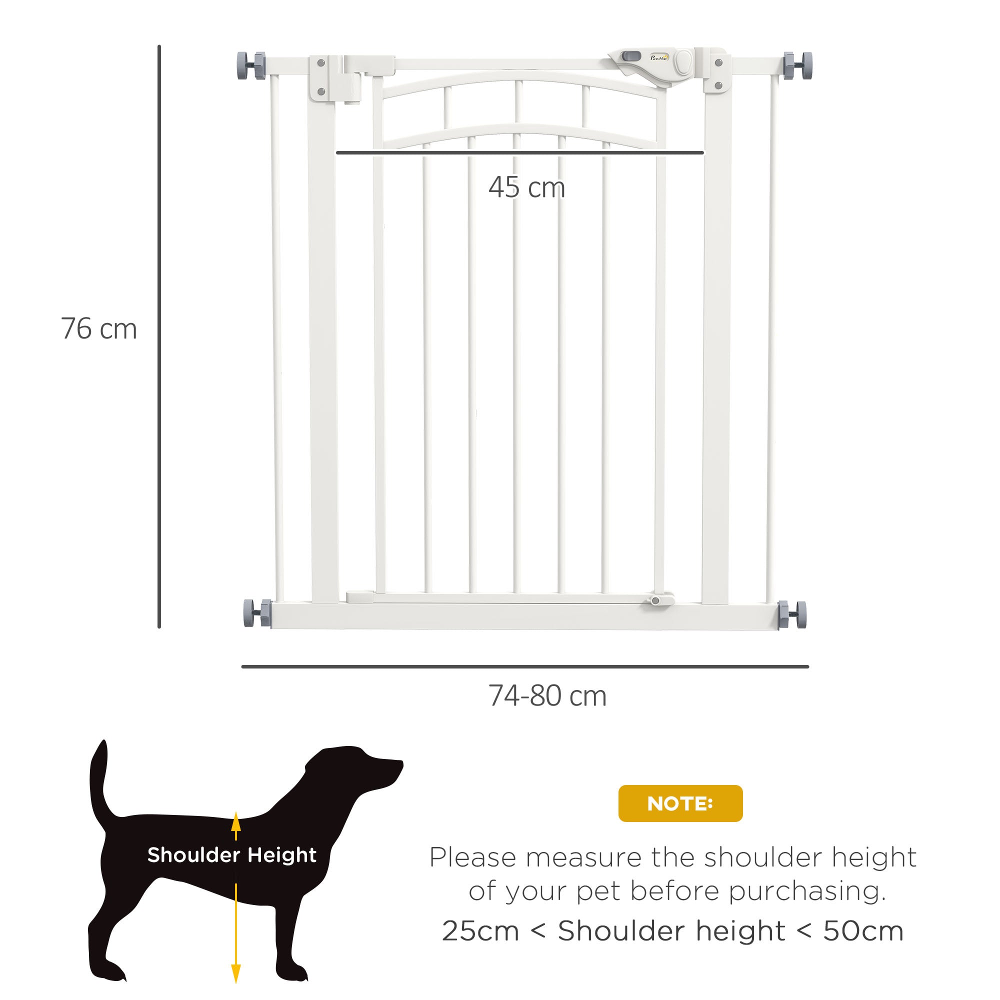 PawHut Dog Stair Gate, Pressure Fit Safety Gate with Automatic Closing System, Pet Barrier with Double Locking, for Stairs, Doors and Hallways, for Width 74-80cm - White