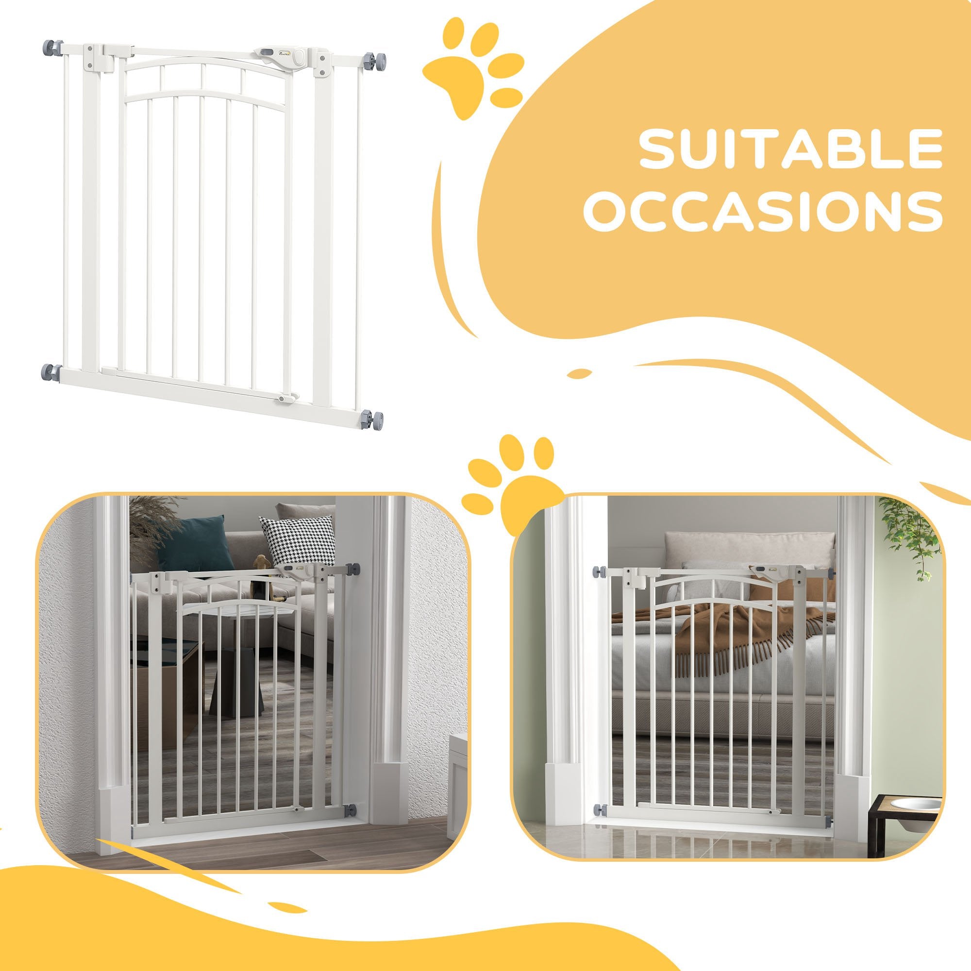 PawHut Dog Stair Gate, Pressure Fit Safety Gate with Automatic Closing System, Pet Barrier with Double Locking, for Stairs, Doors and Hallways, for Width 74-80cm - White