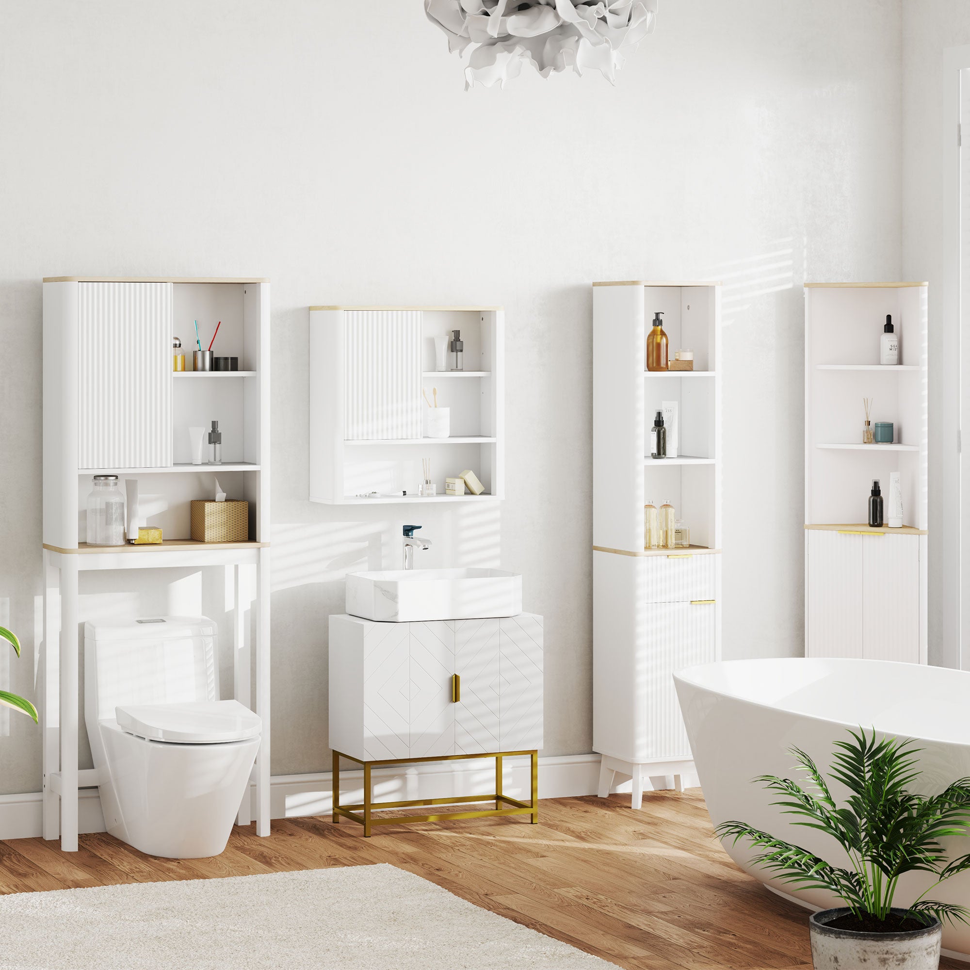 HOMCOM Over The Toilet Storage Cabinet with Adjustable Shelf, Bathroom Space Saver with 2-tier Cabinet, 2 Storage Compartments and Open Shelf, Bathroom Organizer, White