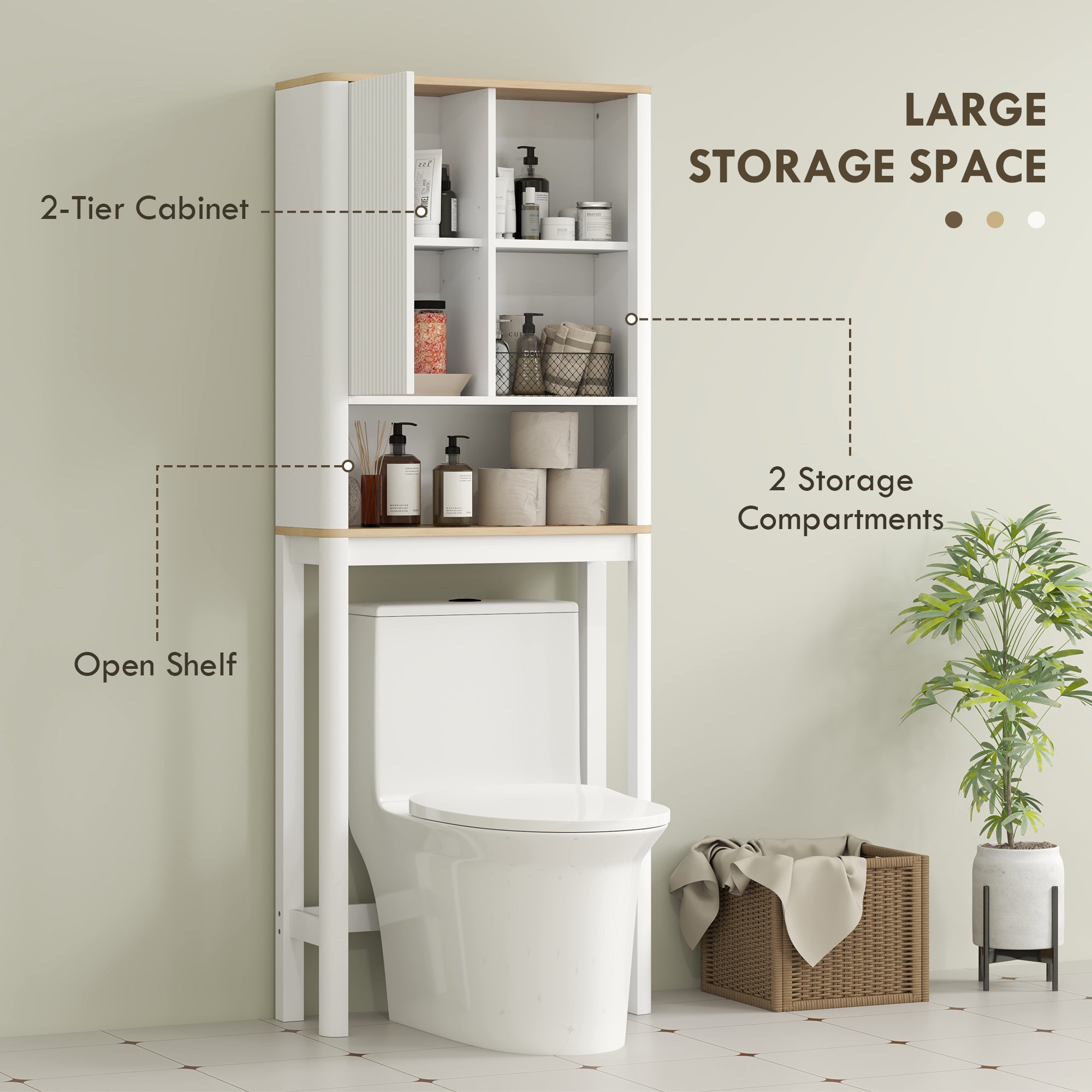 HOMCOM Over The Toilet Storage Cabinet with Adjustable Shelf, Bathroom Space Saver with 2-tier Cabinet, 2 Storage Compartments and Open Shelf, Bathroom Organizer, White