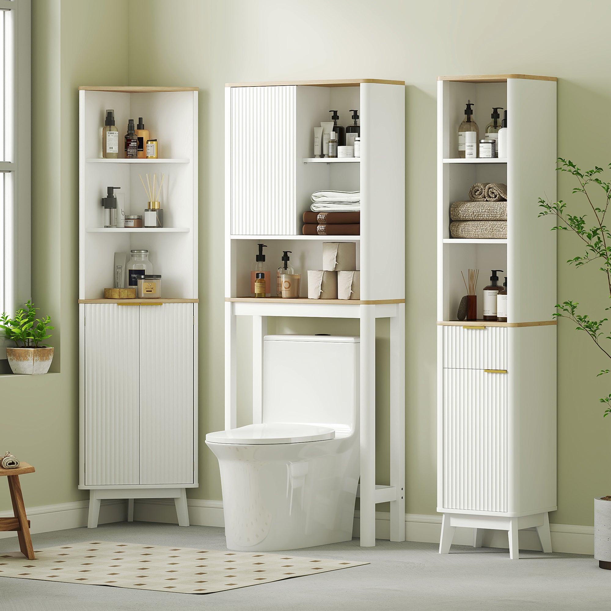 HOMCOM Over The Toilet Storage Cabinet with Adjustable Shelf, Bathroom Space Saver with 2-tier Cabinet, 2 Storage Compartments and Open Shelf, Bathroom Organizer, White