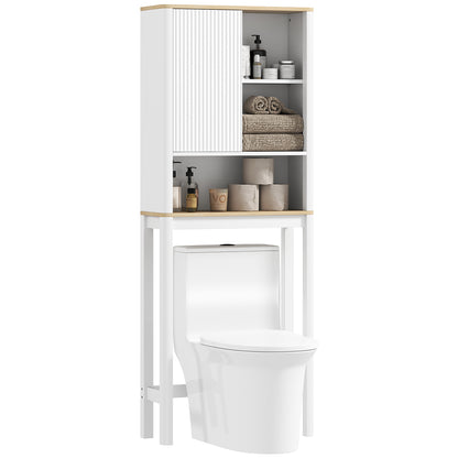 HOMCOM Over The Toilet Storage Cabinet with Adjustable Shelf, Bathroom Space Saver with 2-tier Cabinet, 2 Storage Compartments and Open Shelf, Bathroom Organizer, White