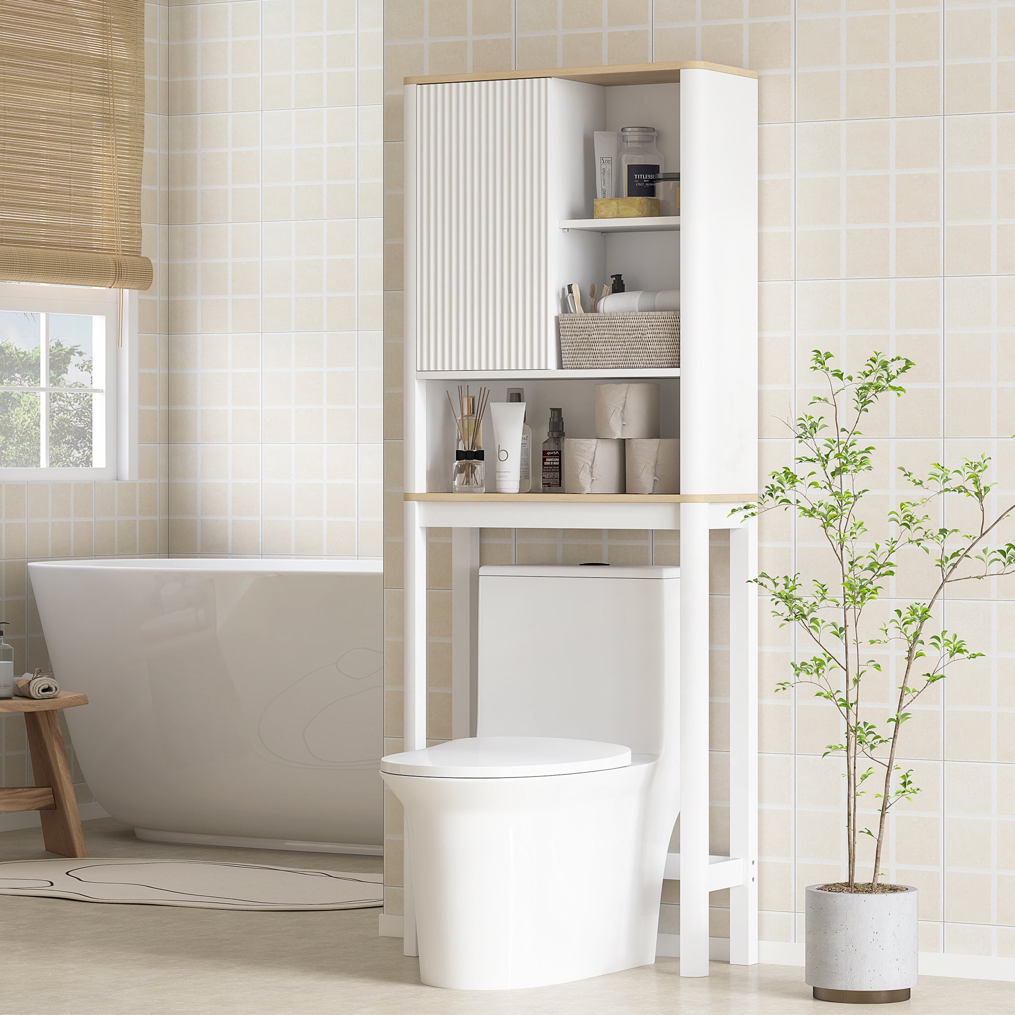 HOMCOM Over The Toilet Storage Cabinet with Adjustable Shelf, Bathroom Space Saver with 2-tier Cabinet, 2 Storage Compartments and Open Shelf, Bathroom Organizer, White
