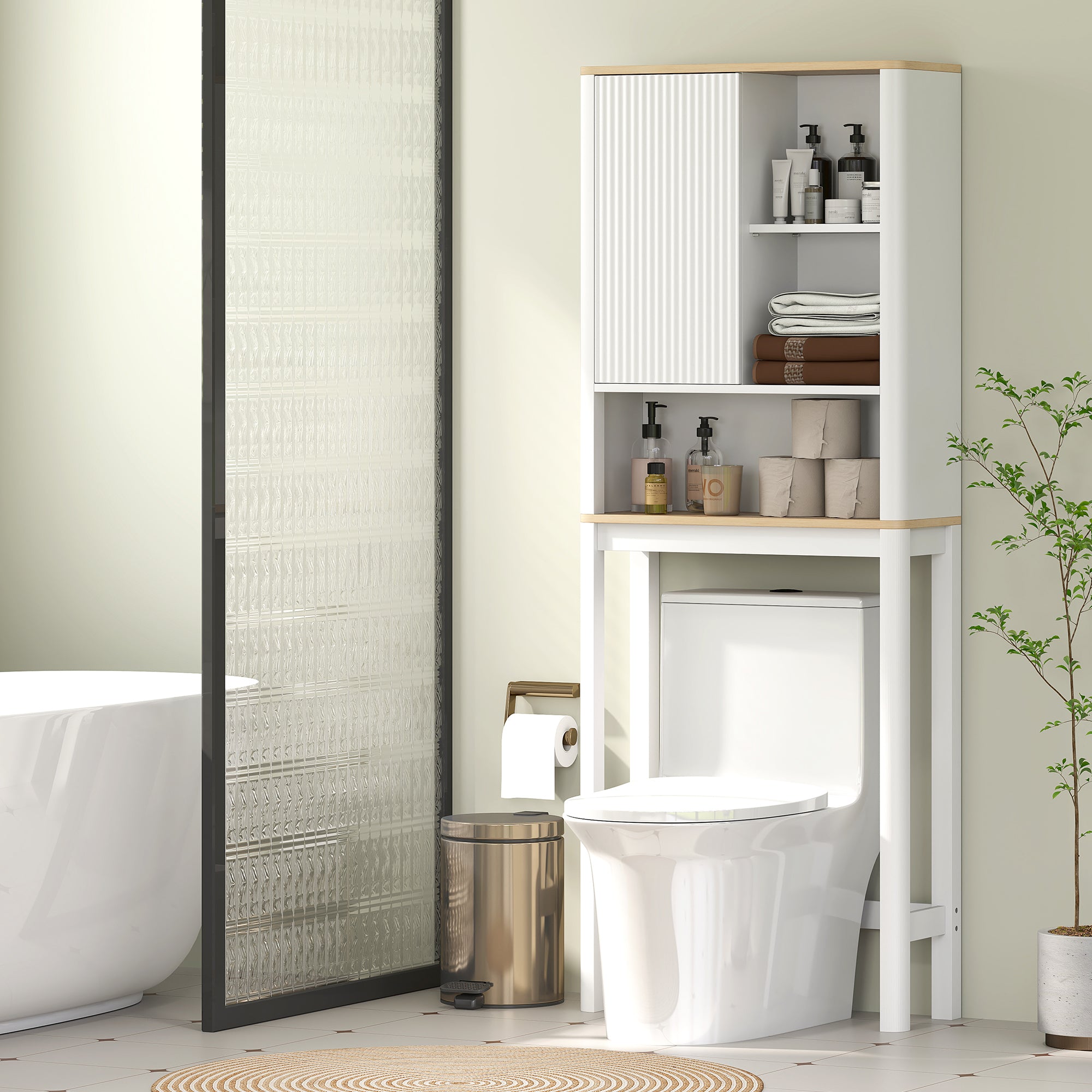HOMCOM Over The Toilet Storage Cabinet with Adjustable Shelf, Bathroom Space Saver with 2-tier Cabinet, 2 Storage Compartments and Open Shelf, Bathroom Organizer, White