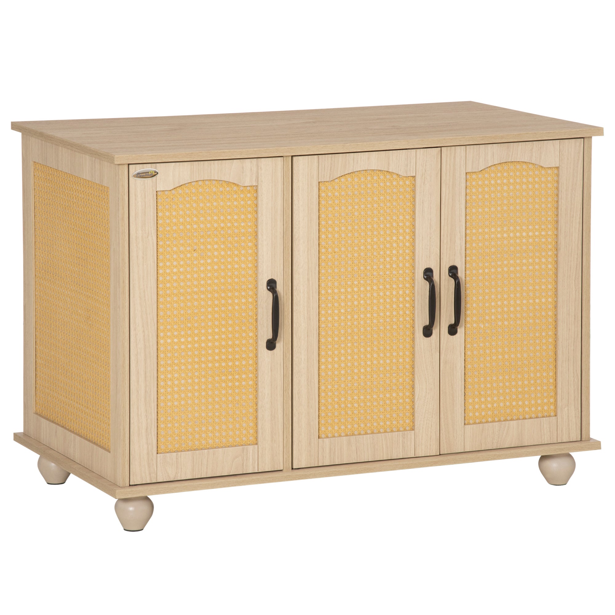 PawHut Cat Litter Box Enclosure Side Table, Hidden Cat Washroom Storage with Soft Cushion, kitten House with PE Rattan, Adjustable Partition, for Indoor Use, Oak