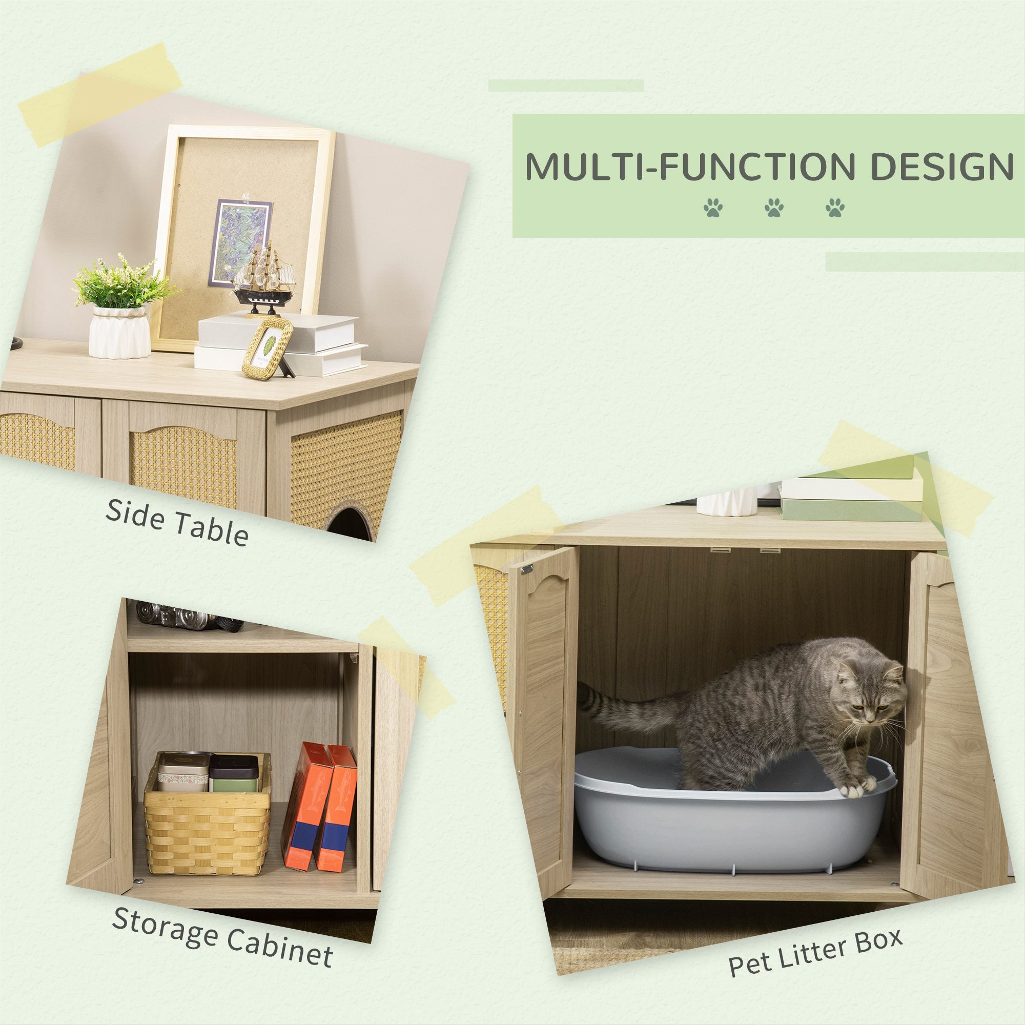 PawHut Cat Litter Box Enclosure Side Table, Hidden Cat Washroom Storage with Soft Cushion, kitten House with PE Rattan, Adjustable Partition, for Indoor Use, Oak