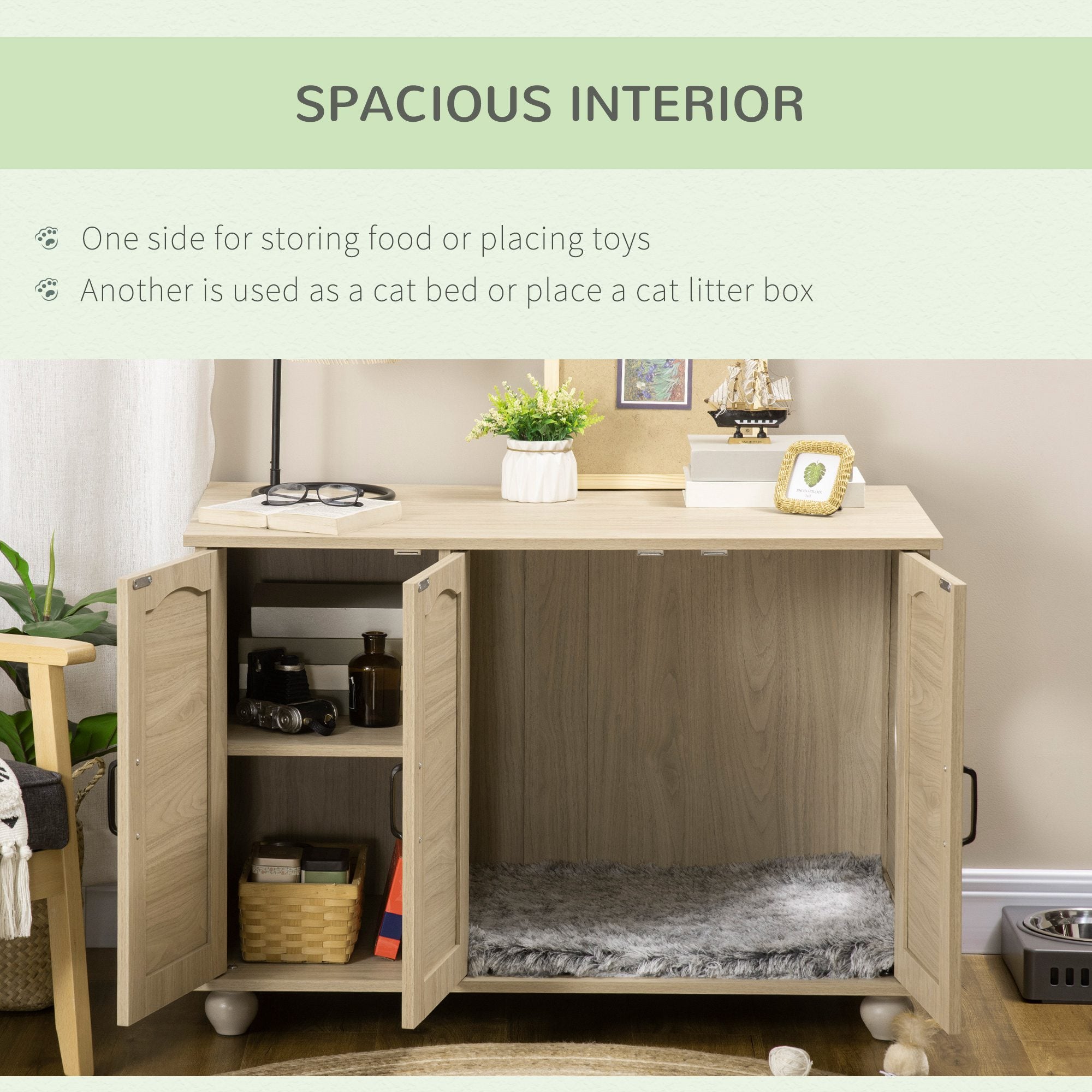 PawHut Cat Litter Box Enclosure Side Table, Hidden Cat Washroom Storage with Soft Cushion, kitten House with PE Rattan, Adjustable Partition, for Indoor Use, Oak