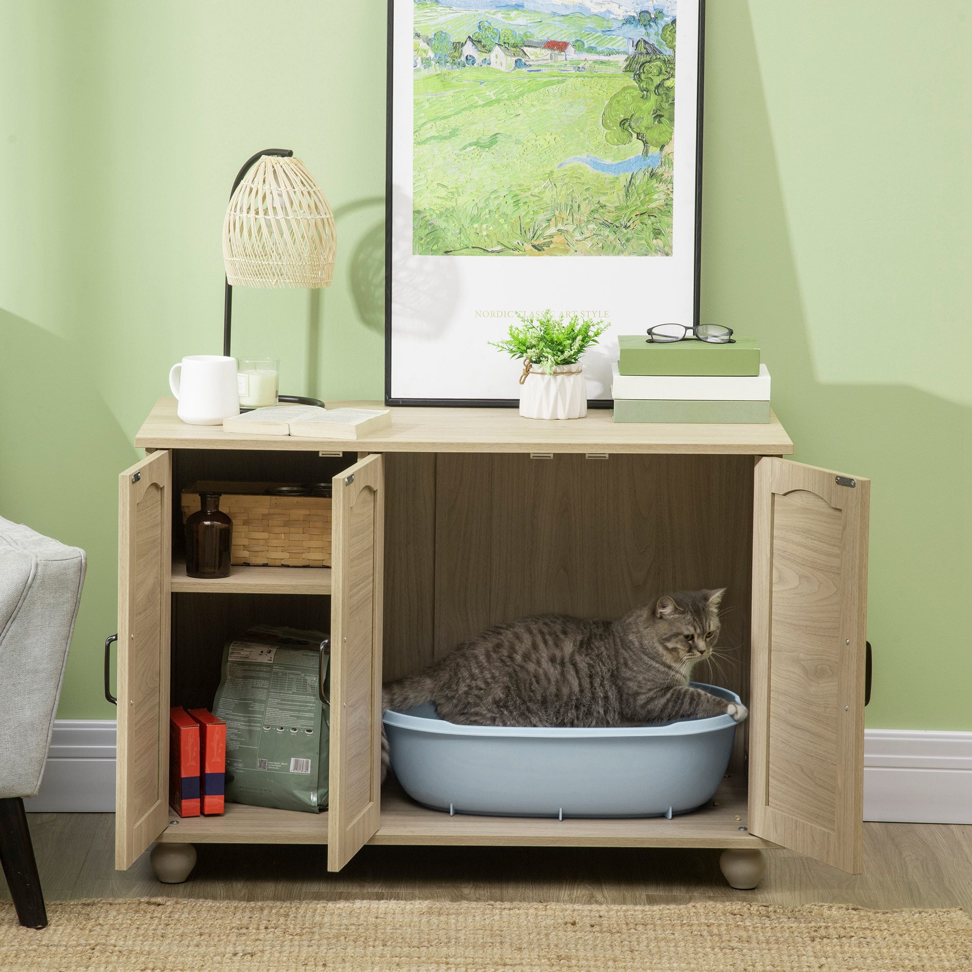 PawHut Cat Litter Box Enclosure Side Table, Hidden Cat Washroom Storage with Soft Cushion, kitten House with PE Rattan, Adjustable Partition, for Indoor Use, Oak