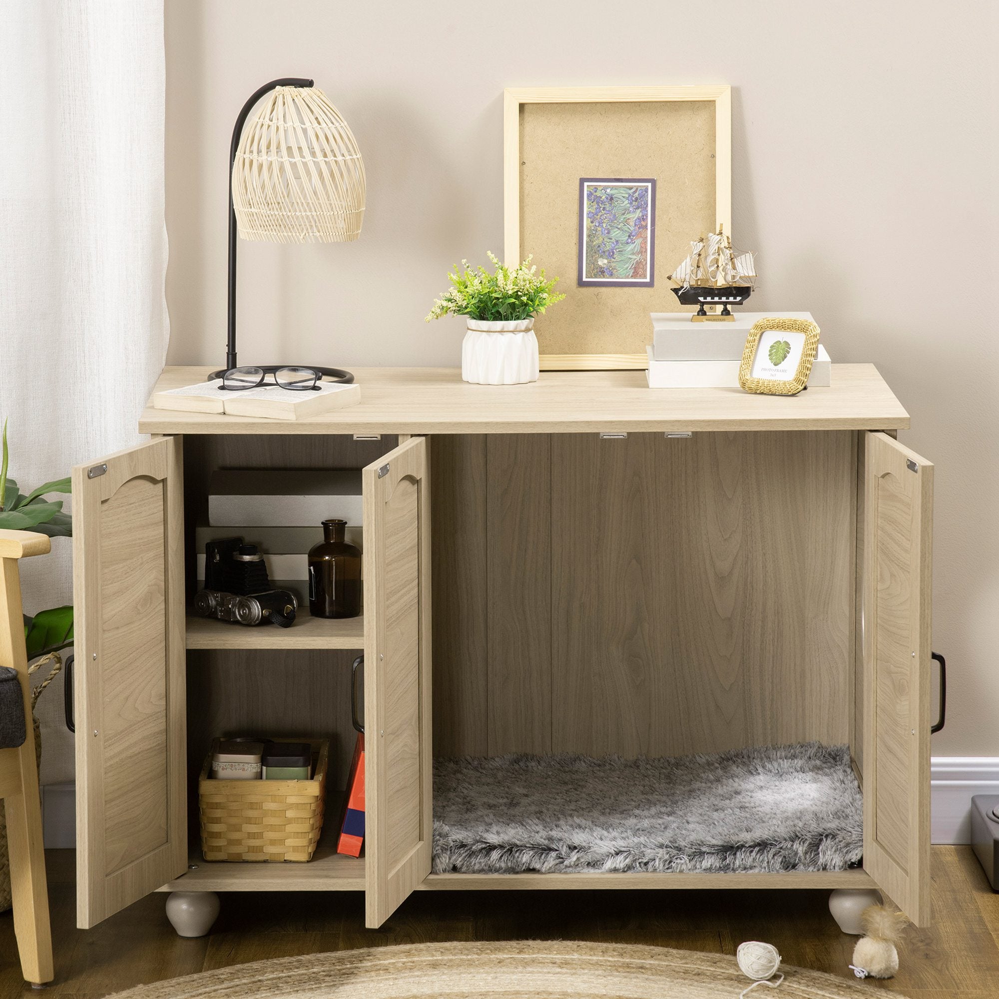 PawHut Cat Litter Box Enclosure Side Table, Hidden Cat Washroom Storage with Soft Cushion, kitten House with PE Rattan, Adjustable Partition, for Indoor Use, Oak