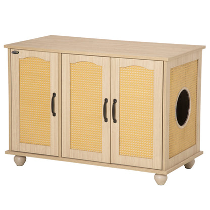 PawHut Cat Litter Box Enclosure Side Table, Hidden Cat Washroom Storage with Soft Cushion, kitten House with PE Rattan, Adjustable Partition, for Indoor Use, Oak