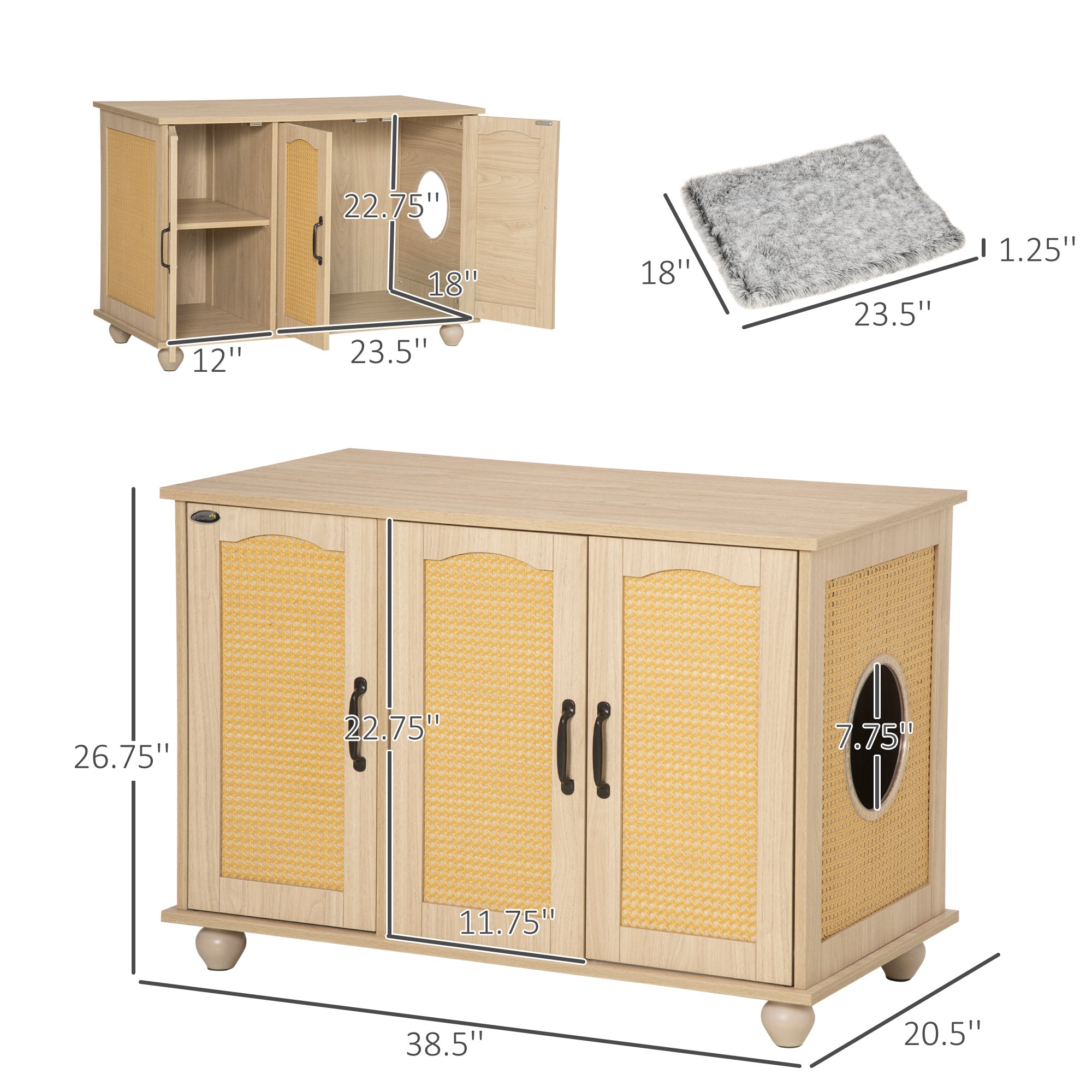 PawHut Cat Litter Box Enclosure Side Table, Hidden Cat Washroom Storage with Soft Cushion, kitten House with PE Rattan, Adjustable Partition, for Indoor Use, Oak