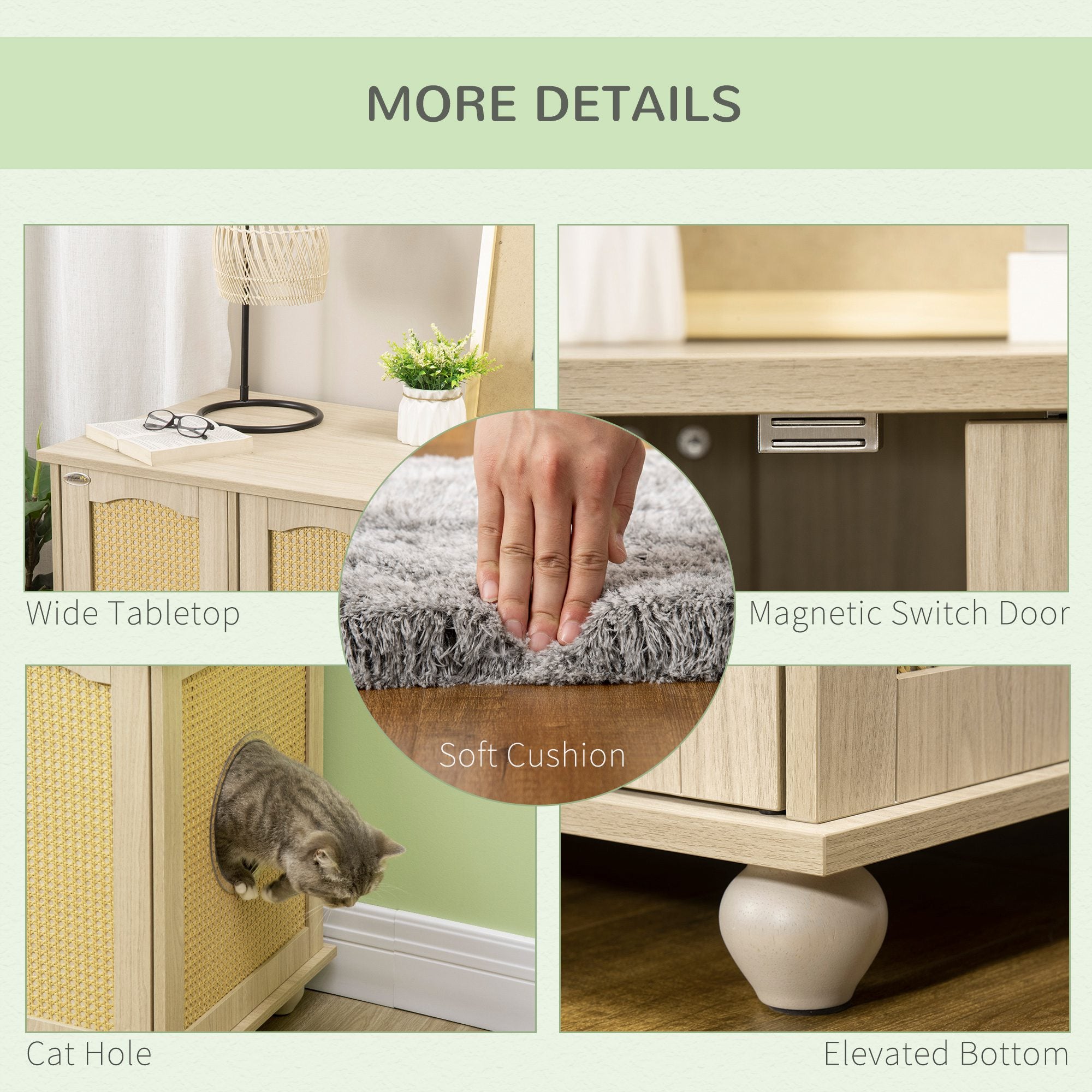 PawHut Cat Litter Box Enclosure Side Table, Hidden Cat Washroom Storage with Soft Cushion, kitten House with PE Rattan, Adjustable Partition, for Indoor Use, Oak