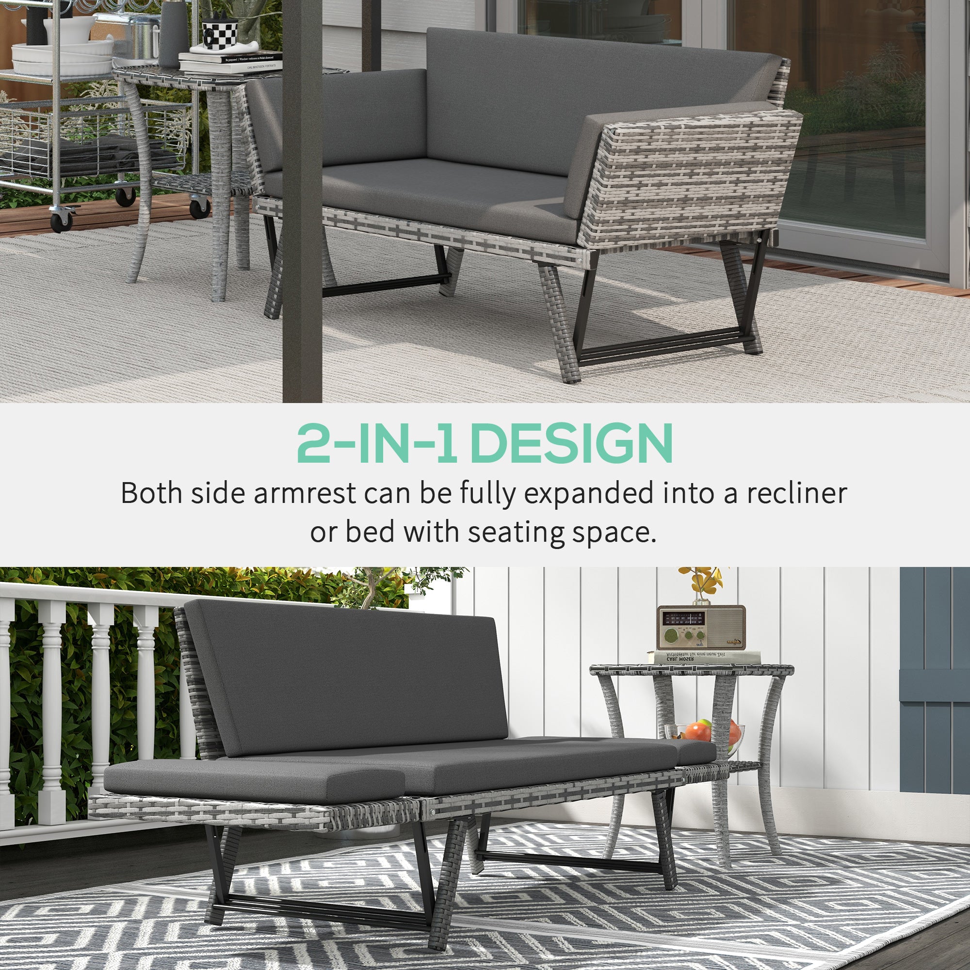 Outsunny Wicker Patio Furniture with Cushion, Outdoor PE Rattan Furniture Convertible Sofa Bed with Adjustable Armchair, Chaise Lounge Loveseat, for Deck, Backyard, Light Grey