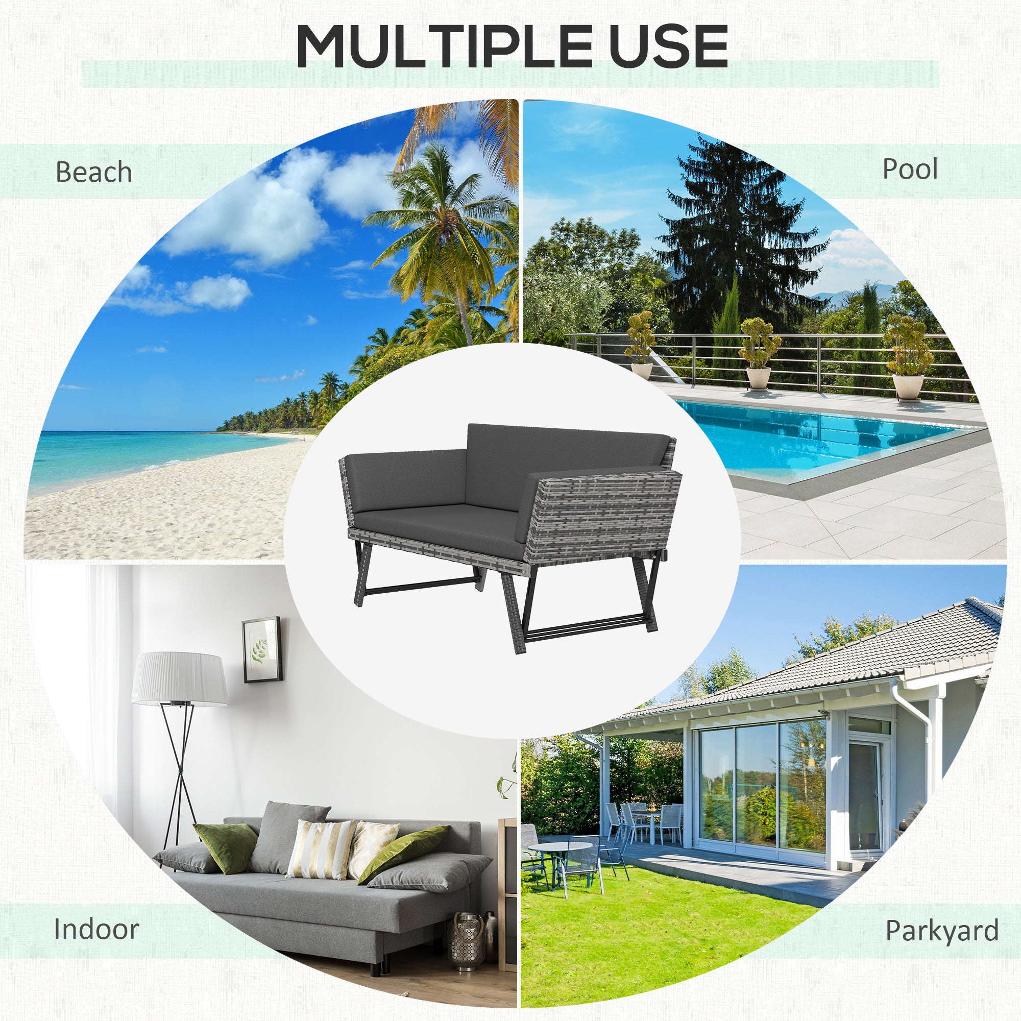 Outsunny Wicker Patio Furniture with Cushion, Outdoor PE Rattan Furniture Convertible Sofa Bed with Adjustable Armchair, Chaise Lounge Loveseat, for Deck, Backyard, Light Grey