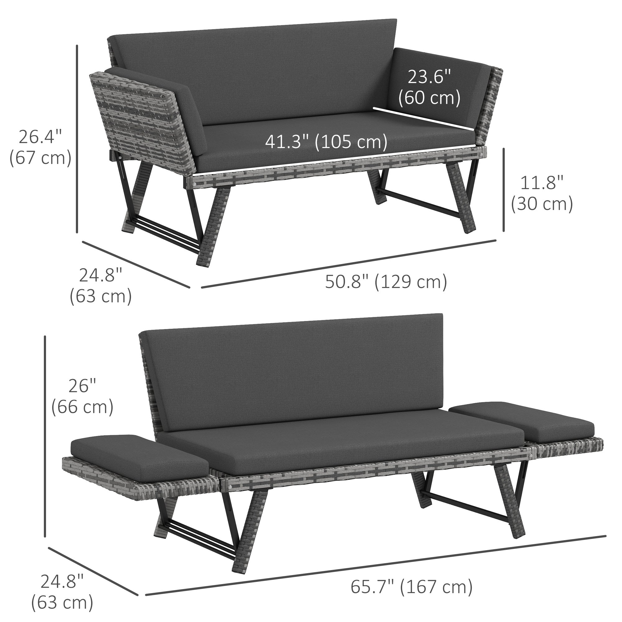 Outsunny Wicker Patio Furniture with Cushion, Outdoor PE Rattan Furniture Convertible Sofa Bed with Adjustable Armchair, Chaise Lounge Loveseat, for Deck, Backyard, Light Grey