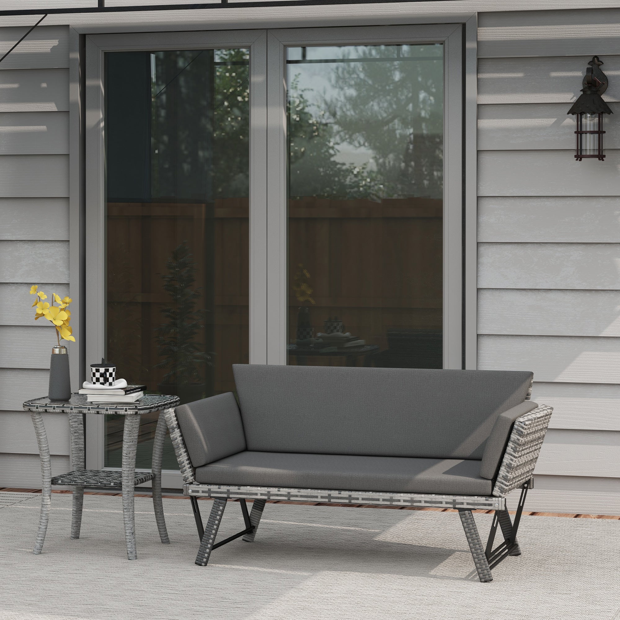 Outsunny Wicker Patio Furniture with Cushion, Outdoor PE Rattan Furniture Convertible Sofa Bed with Adjustable Armchair, Chaise Lounge Loveseat, for Deck, Backyard, Light Grey