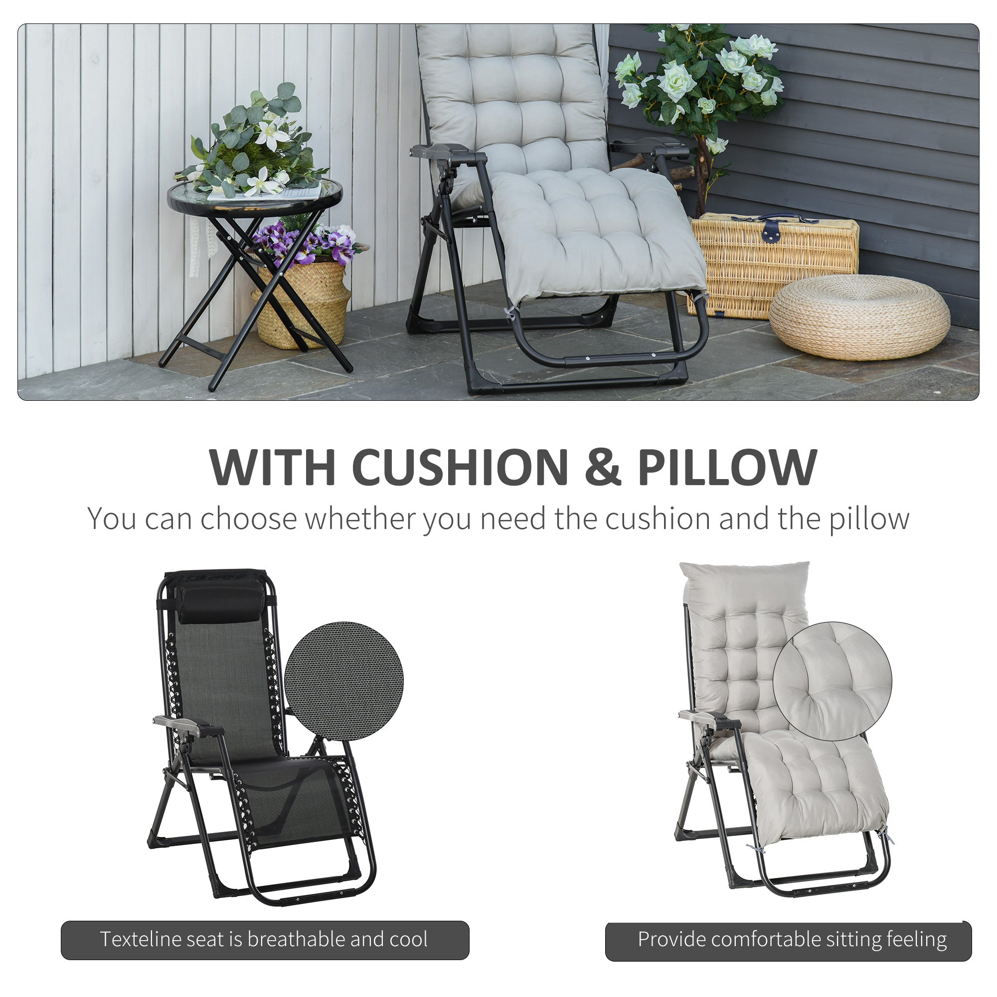 Outsunny Reclining Zero Gravity Chair with Adjustable Backrest, Folding Garden Sun Lounger with Removable Cushion and Headrest, Light Grey