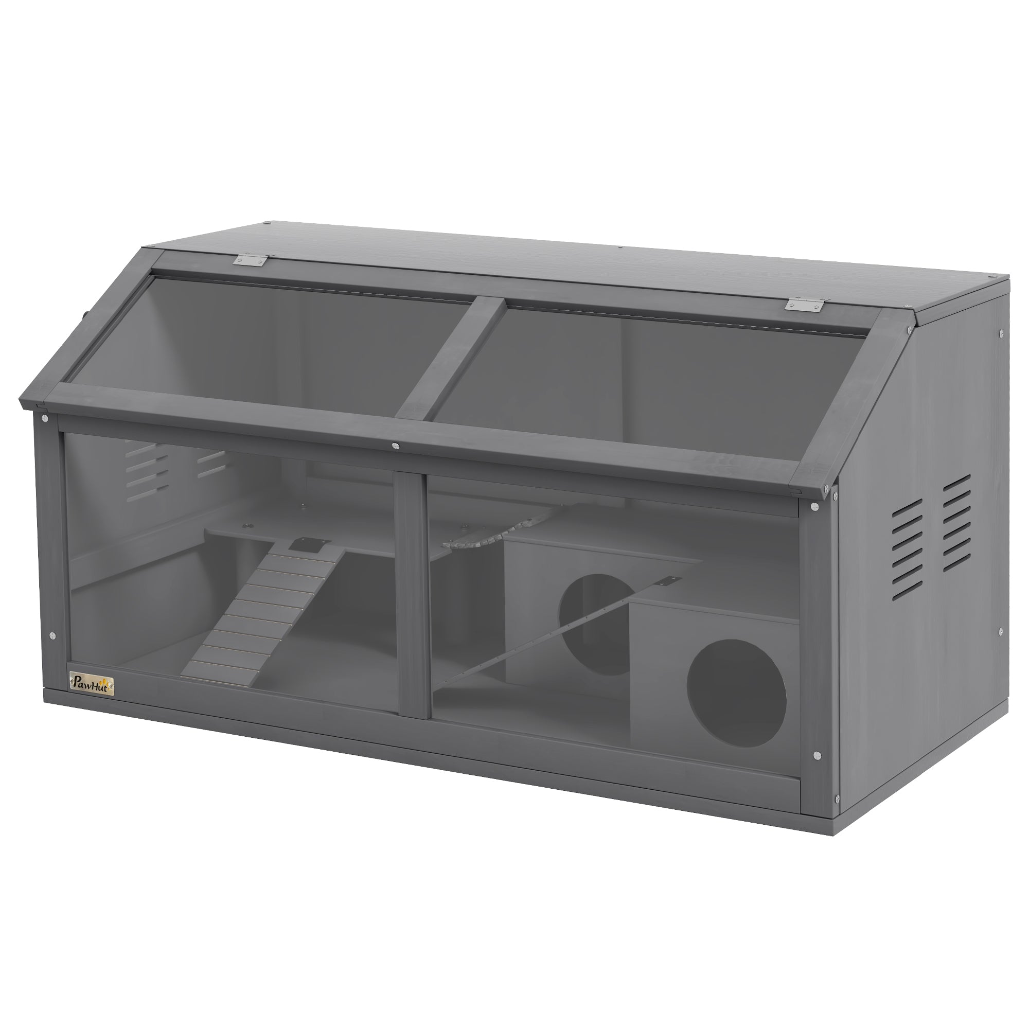 PawHut Wooden Hamster Cage, 33.5"L Hamster Habitat, Small Animal Cage for Syrian Drawf Hamster Gerbils Mice with Suspension Bridge, Ladders, Openable Top, Platform, Dark Grey