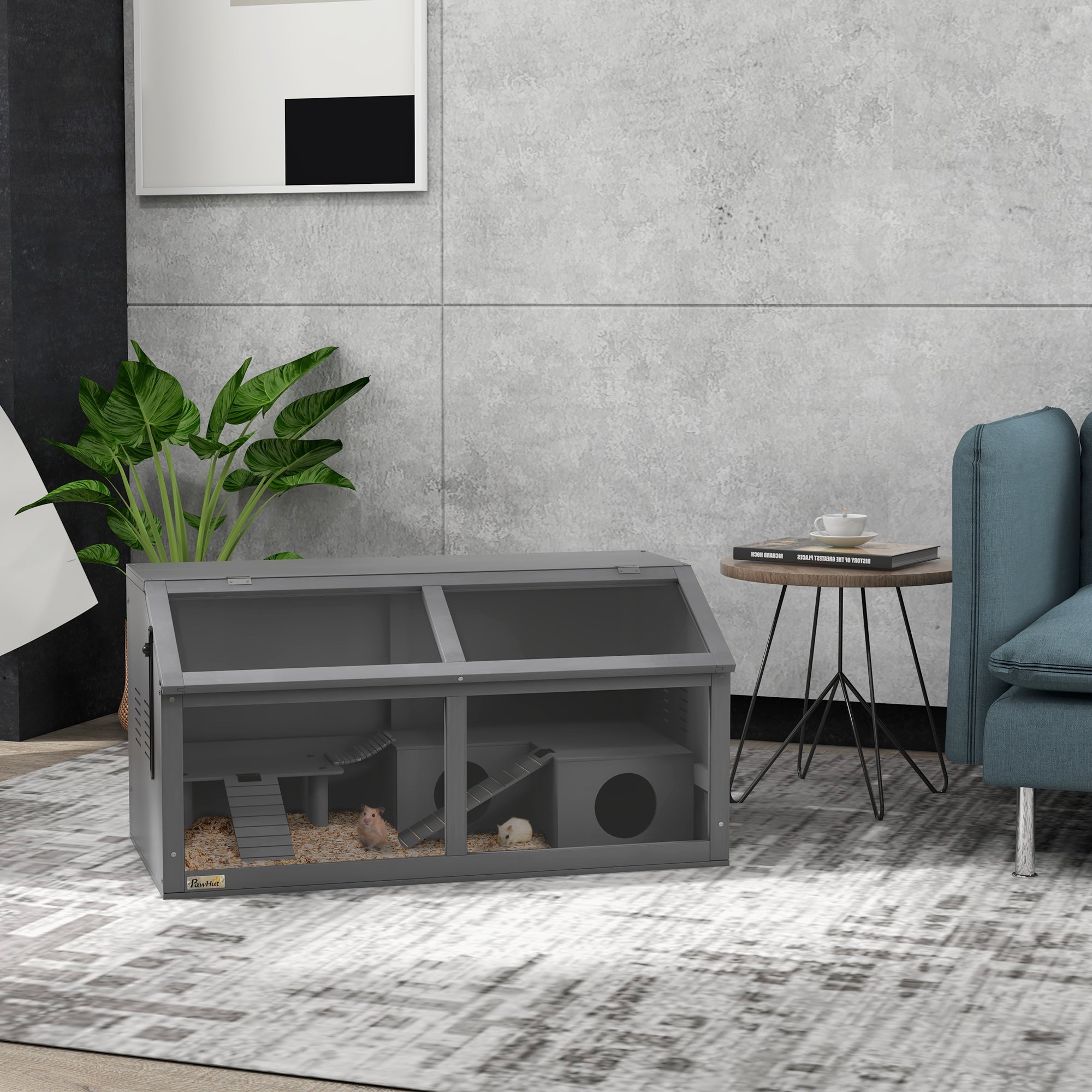 PawHut Wooden Hamster Cage, 33.5"L Hamster Habitat, Small Animal Cage for Syrian Drawf Hamster Gerbils Mice with Suspension Bridge, Ladders, Openable Top, Platform, Dark Grey