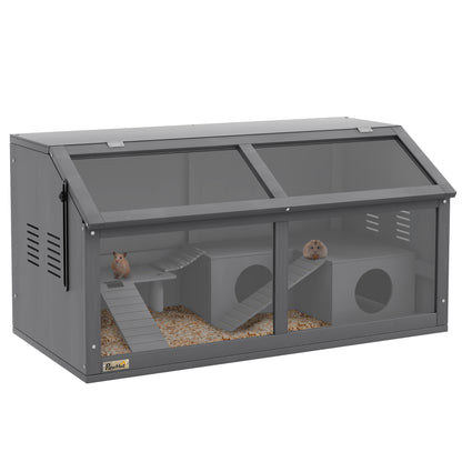 PawHut Wooden Hamster Cage, 33.5"L Hamster Habitat, Small Animal Cage for Syrian Drawf Hamster Gerbils Mice with Suspension Bridge, Ladders, Openable Top, Platform, Dark Grey