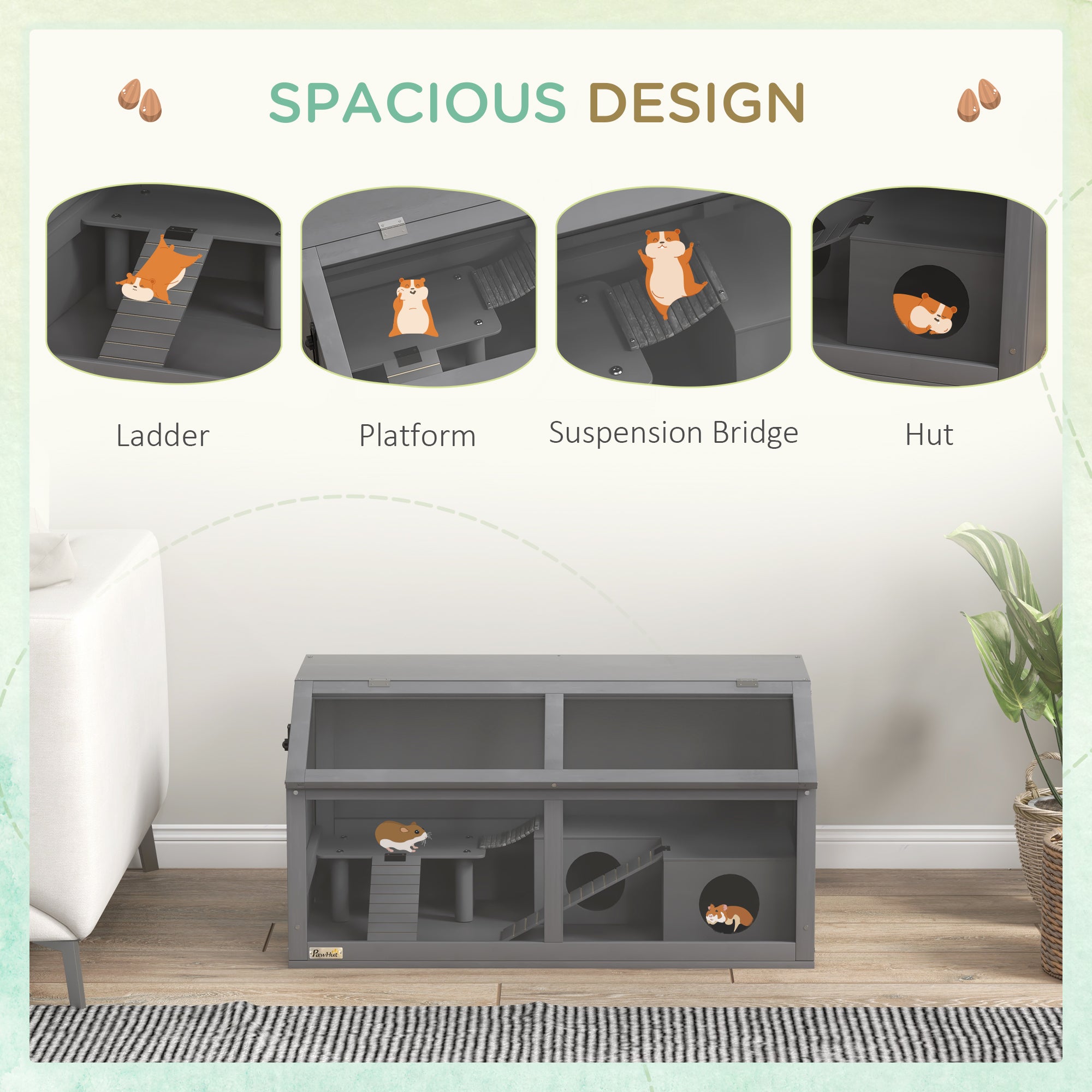 PawHut Wooden Hamster Cage, 33.5"L Hamster Habitat, Small Animal Cage for Syrian Drawf Hamster Gerbils Mice with Suspension Bridge, Ladders, Openable Top, Platform, Dark Grey