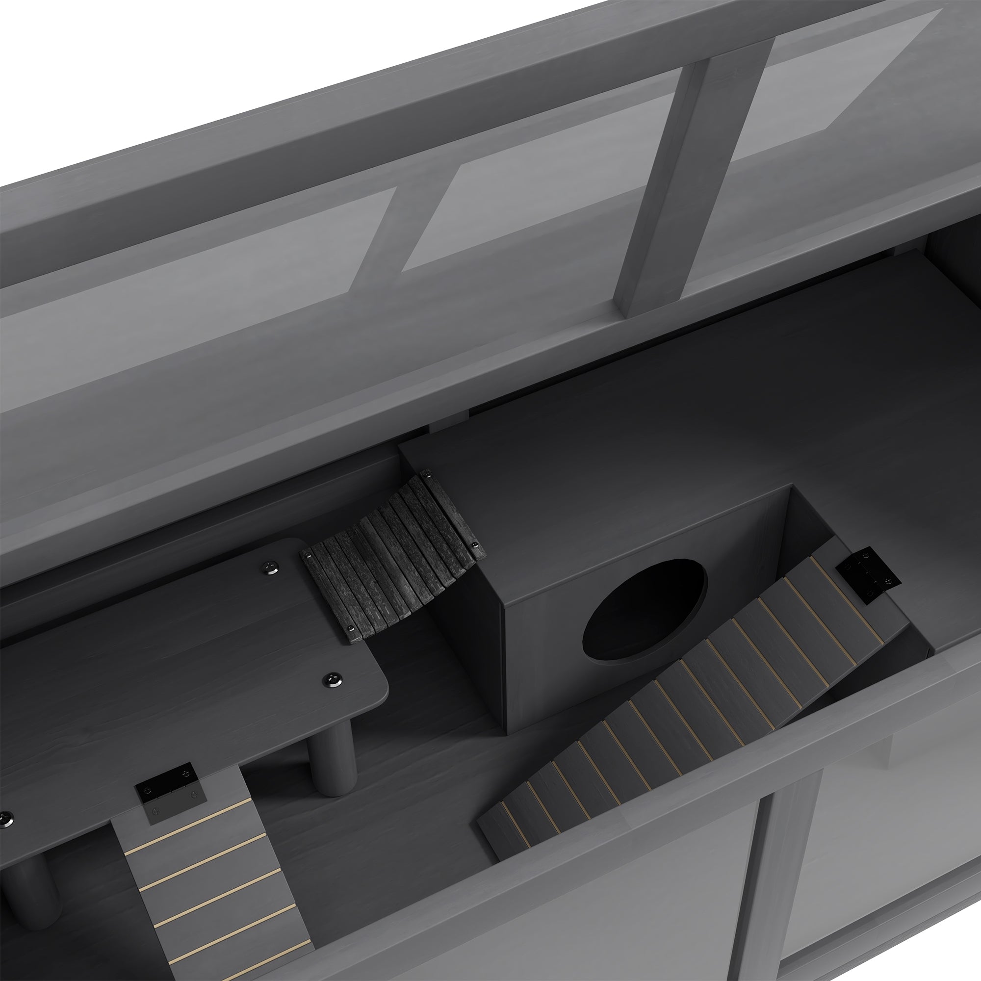 PawHut Wooden Hamster Cage, 33.5"L Hamster Habitat, Small Animal Cage for Syrian Drawf Hamster Gerbils Mice with Suspension Bridge, Ladders, Openable Top, Platform, Dark Grey