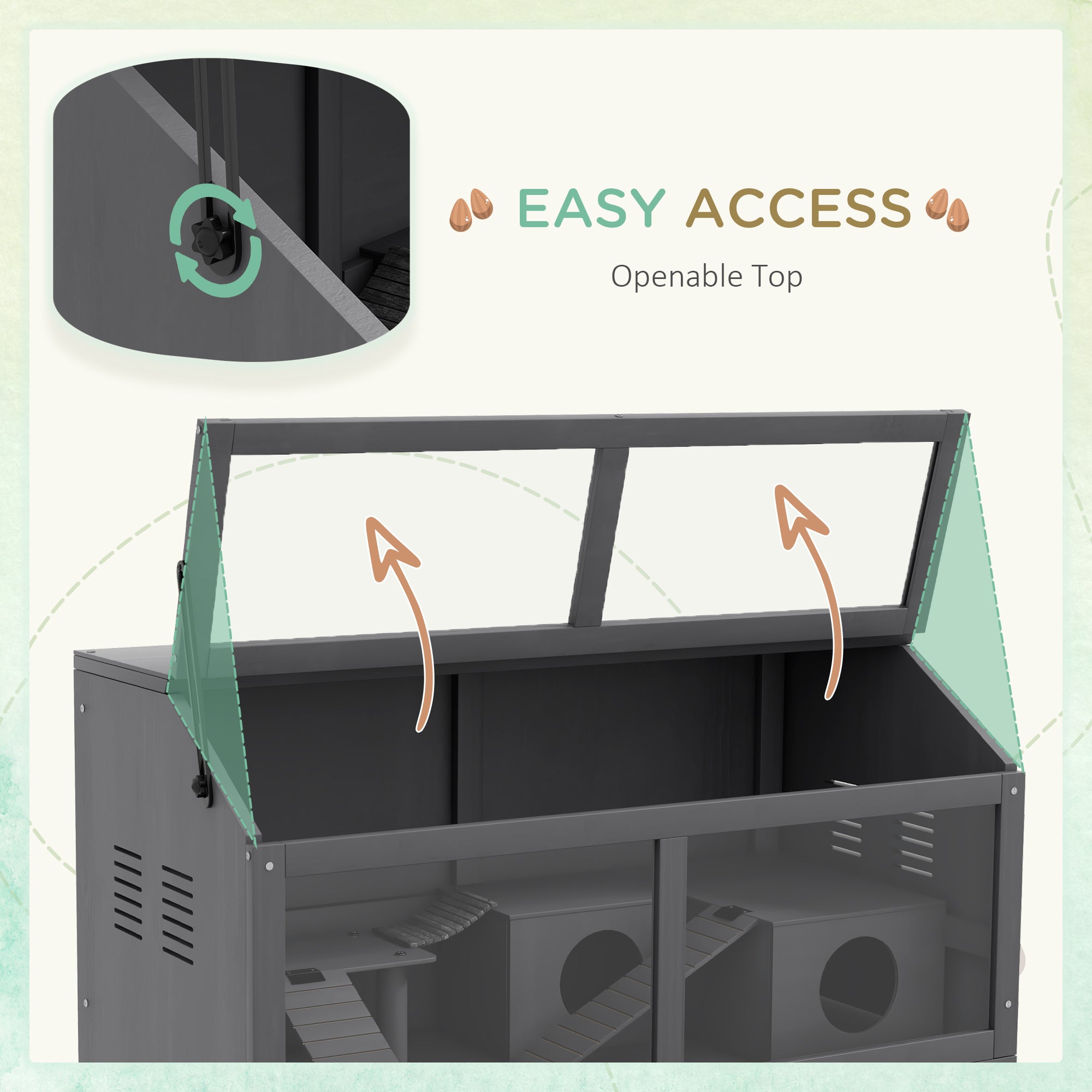 PawHut Wooden Hamster Cage, 33.5"L Hamster Habitat, Small Animal Cage for Syrian Drawf Hamster Gerbils Mice with Suspension Bridge, Ladders, Openable Top, Platform, Dark Grey