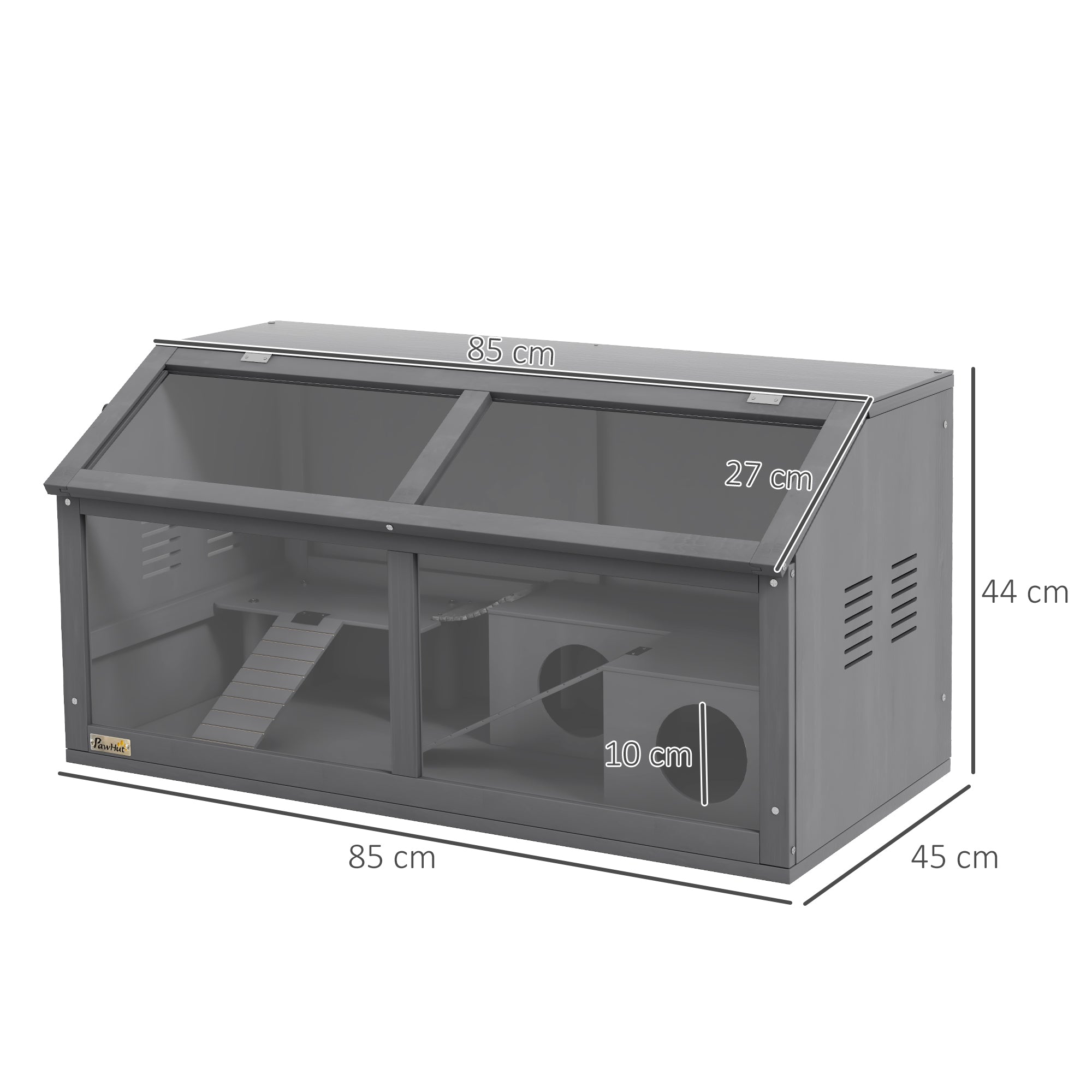 PawHut Wooden Hamster Cage, Gerbil Cage for Syrian Hamster with Exercise Play House, Openable Top 85 x 45 x 44cm - Grey