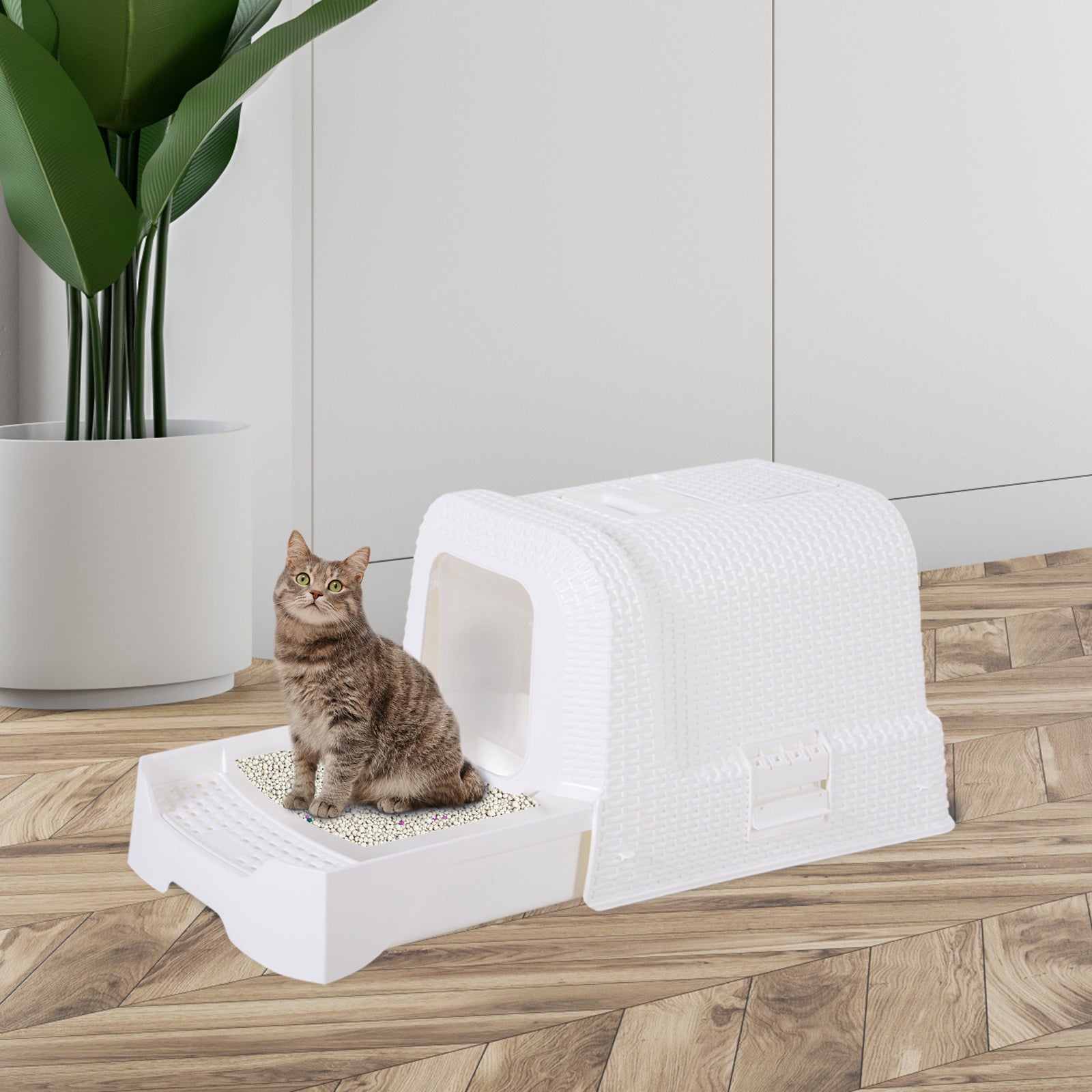 PawHut Pet Cat Litter Box 54L × 42W × 41H cm with Scoop White