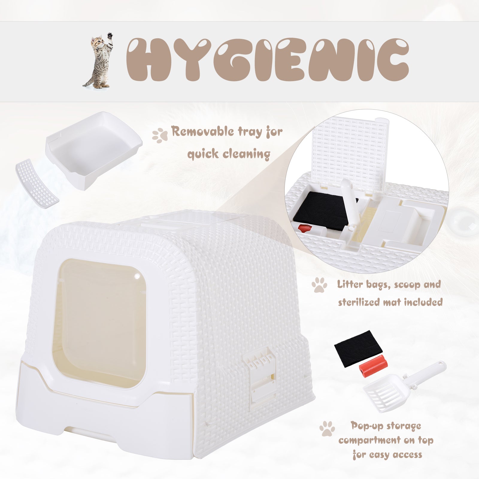 PawHut Pet Cat Litter Box 54L × 42W × 41H cm with Scoop White