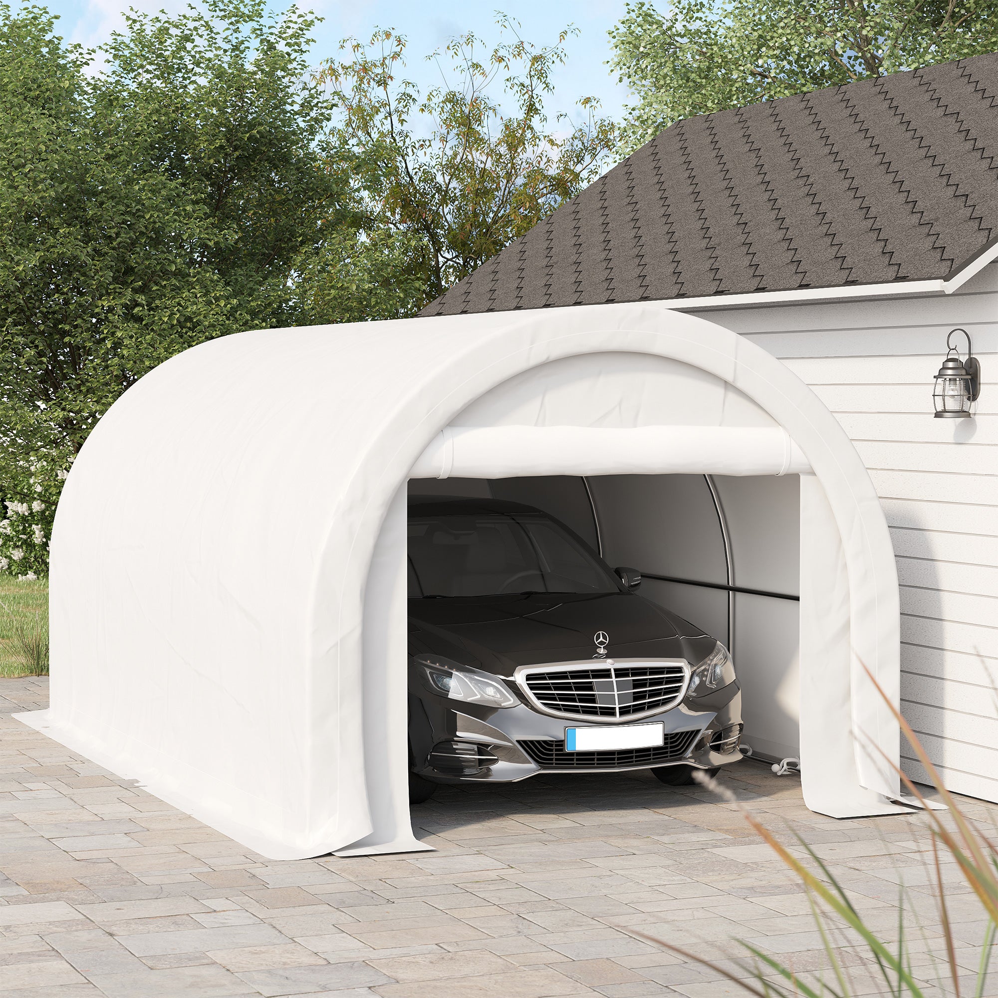 Outsunny 10' x 16' Carport, Heavy Duty Portable Garage / Storage Tent with Large Zippered Door, Anti-UV PE Canopy Cover for Car, Boat, Motorcycle, Bike, Garden Tools, White