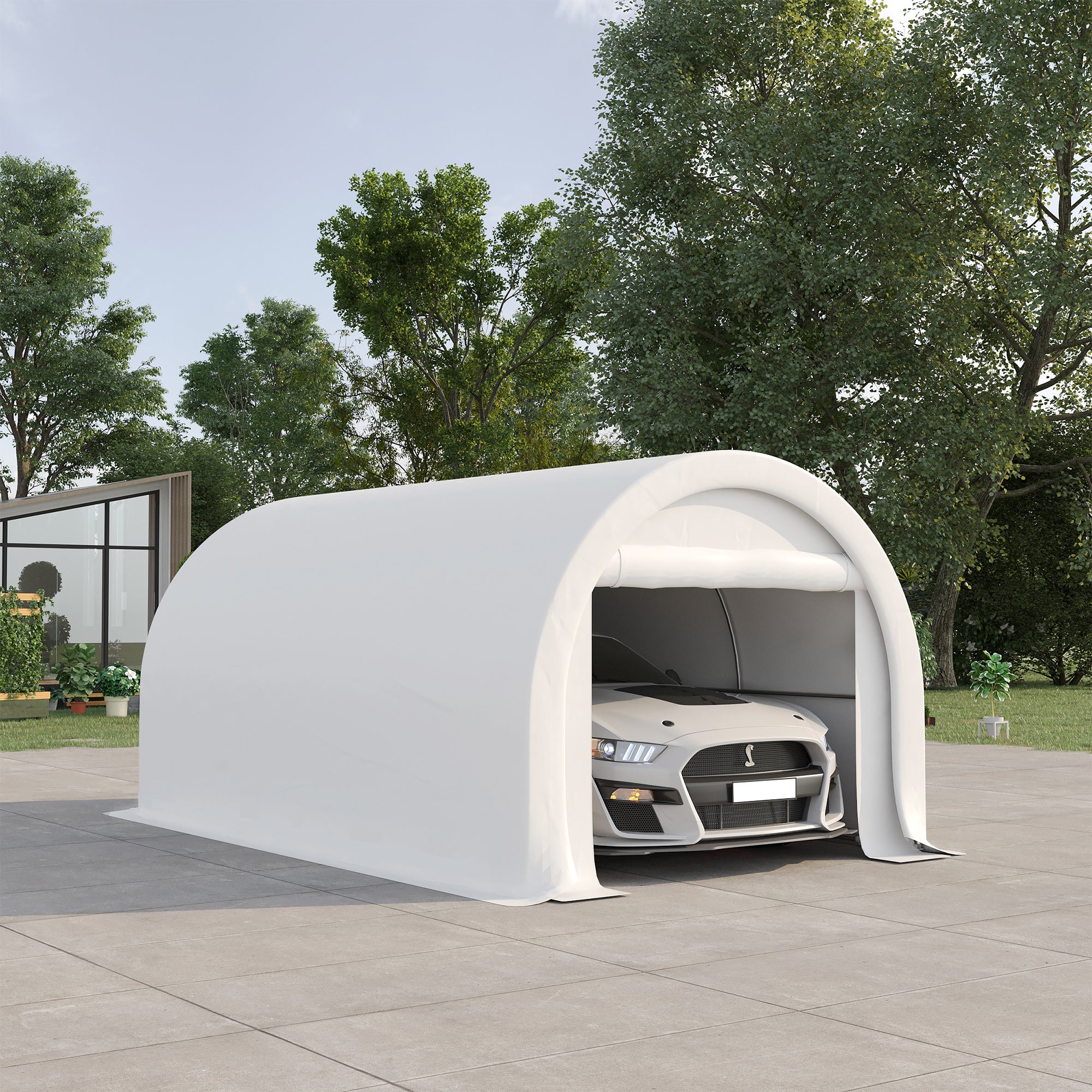 Outsunny 10' x 16' Carport, Heavy Duty Portable Garage / Storage Tent with Large Zippered Door, Anti-UV PE Canopy Cover for Car, Boat, Motorcycle, Bike, Garden Tools, White