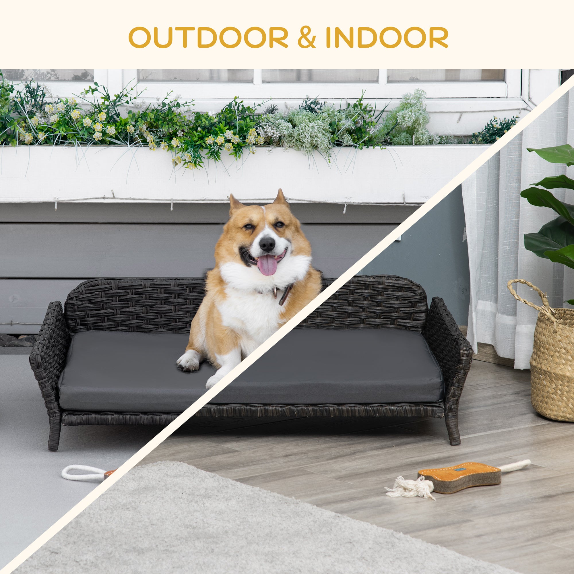 PawHut Elevated Rattan Dog Bed with Steel Frame, Handwoven Wicker Pet Bed with Water Resistant Cushion, Dog Bed Outdoor for Large Medium Dog, Charcoal Grey